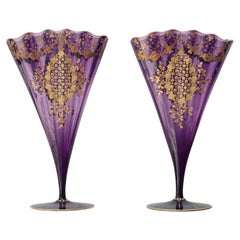Antique Pair of Moser Amethyst Purple Fan Vases with Ornate Gilding
