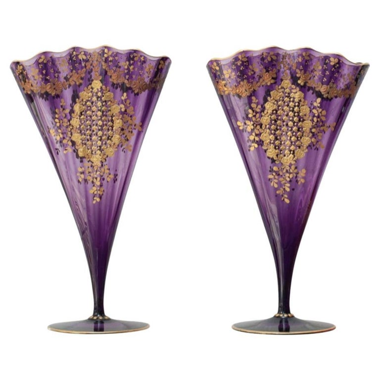 Antique Pair of Moser Amethyst Purple Fan Vases with Ornate Gilding For Sale