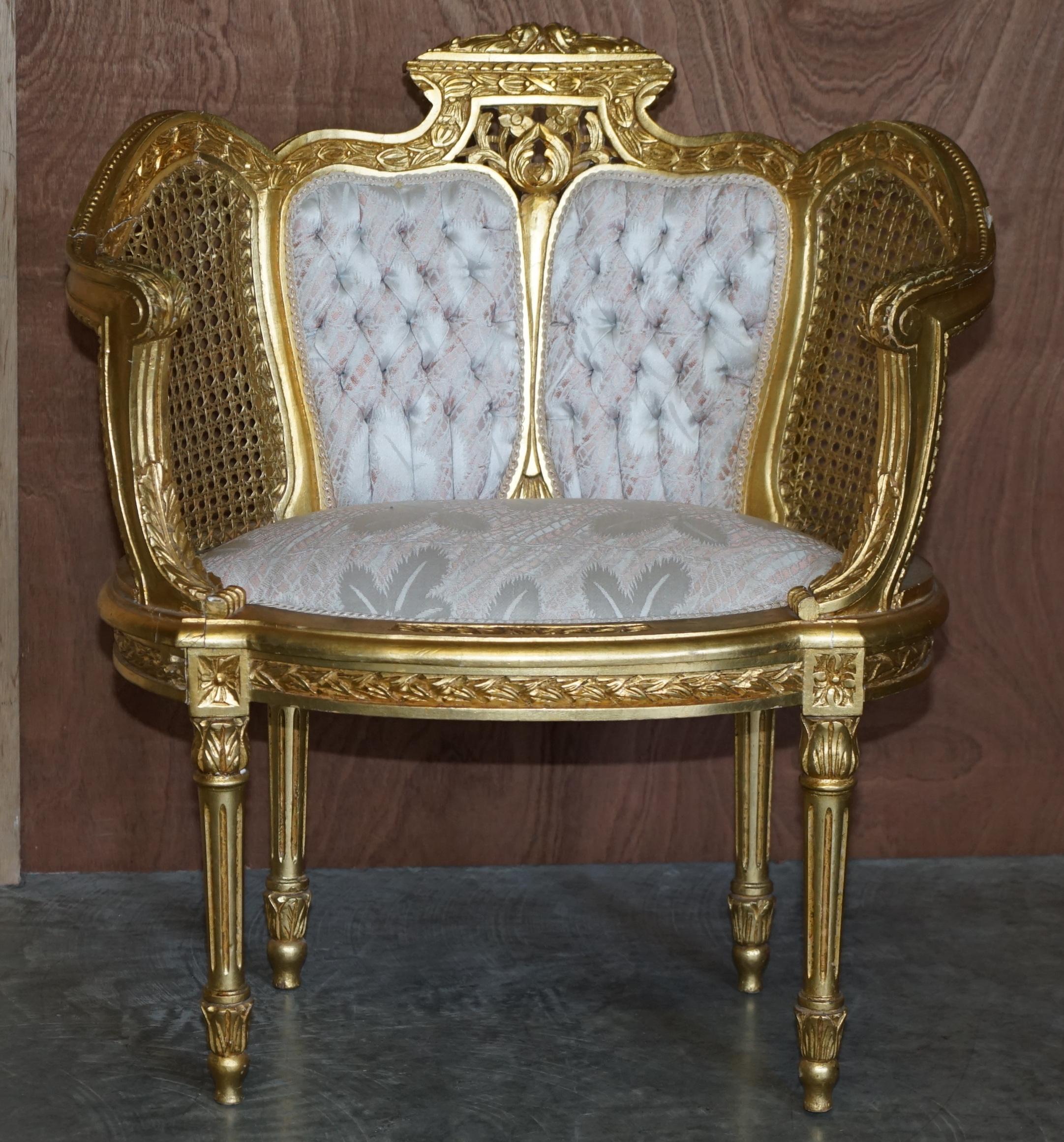 Antique Pair of Napoleon III circa 1870 Gold Giltwood Bergere Armchairs Louis For Sale 9