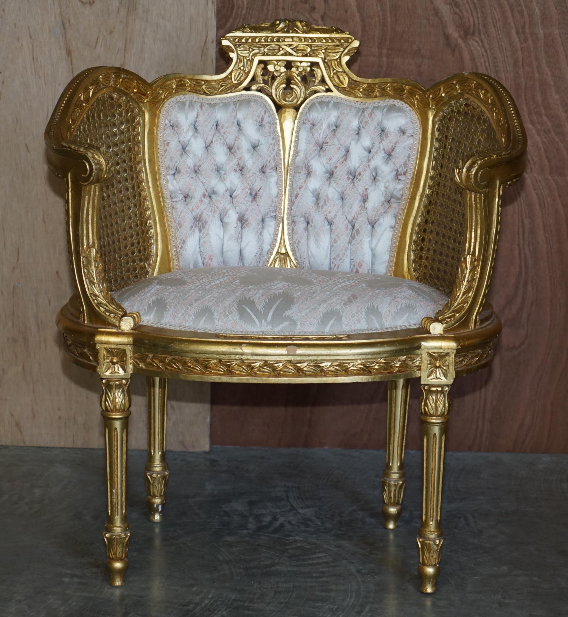 Louis XVI Antique Pair of Napoleon III circa 1870 Gold Giltwood Bergere Armchairs Louis For Sale