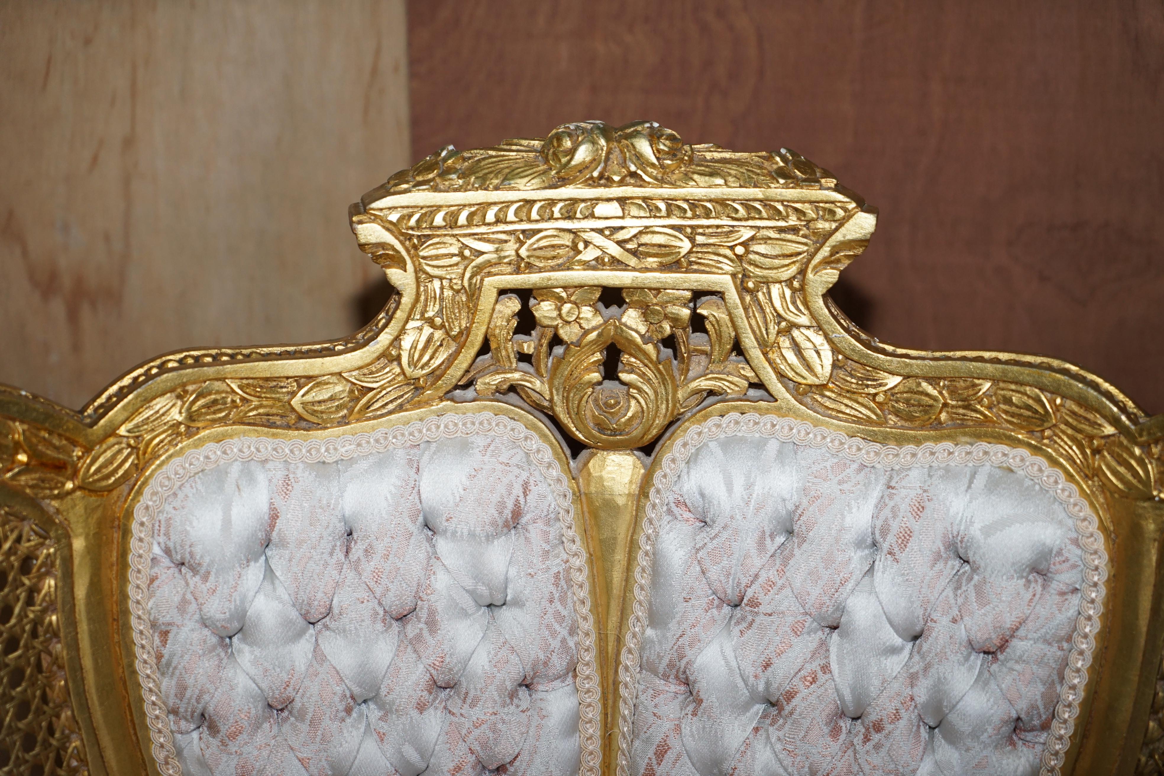 Hand-Crafted Antique Pair of Napoleon III circa 1870 Gold Giltwood Bergere Armchairs Louis For Sale