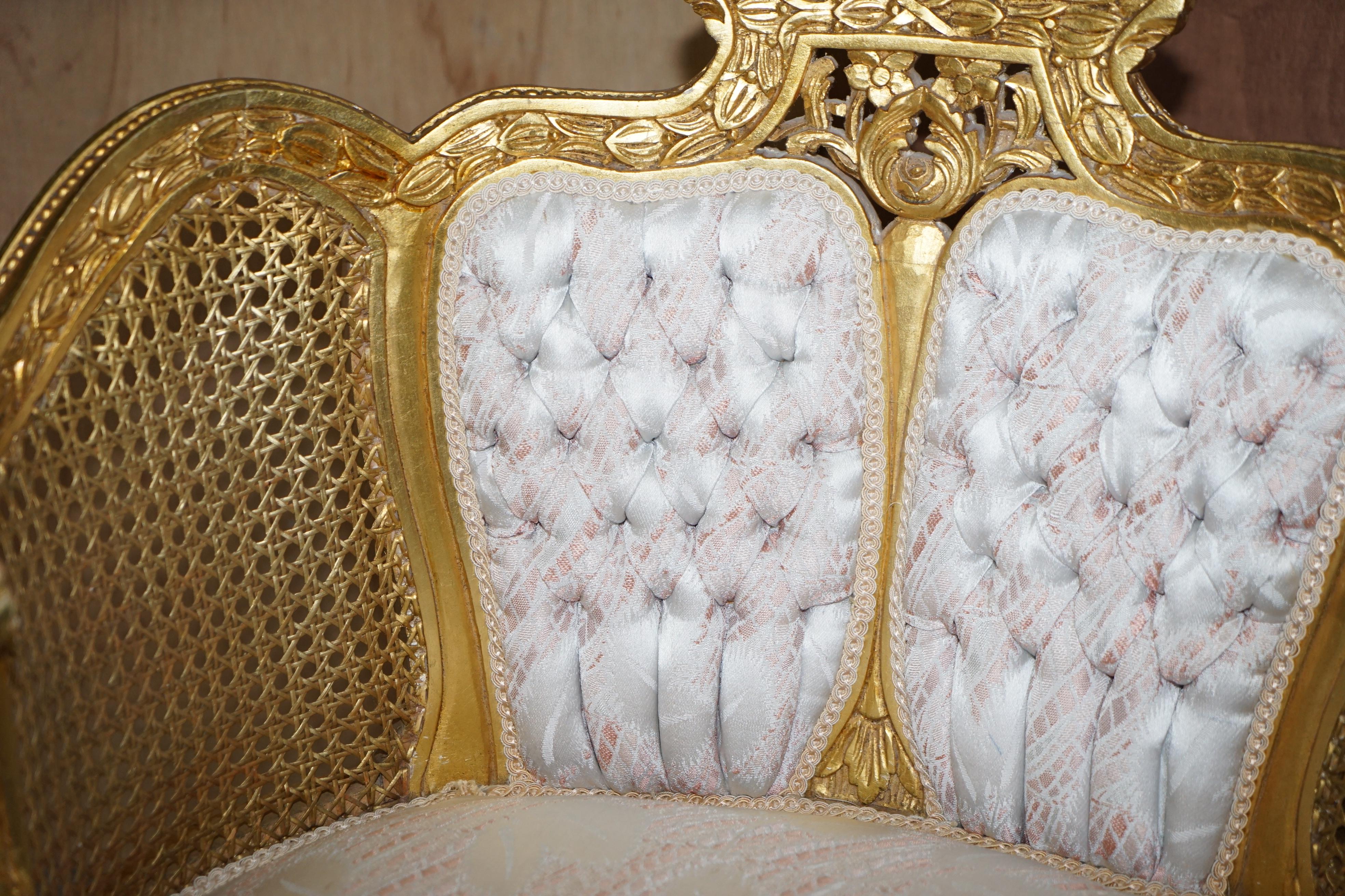 Late 19th Century Antique Pair of Napoleon III circa 1870 Gold Giltwood Bergere Armchairs Louis For Sale