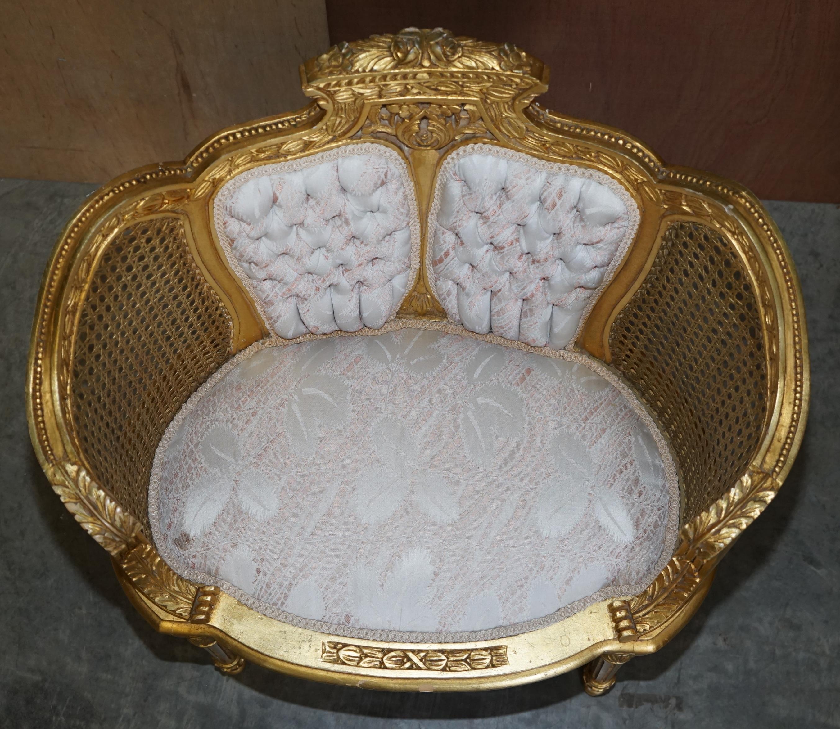 Late 19th Century Antique Pair of Napoleon III circa 1870 Gold Giltwood Bergere Armchairs Louis For Sale