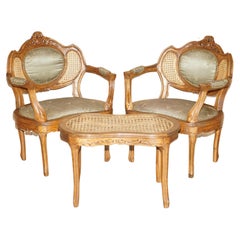 Used Pair of Napoleon III circa 1890 Bergere Armchairs & Matching Table