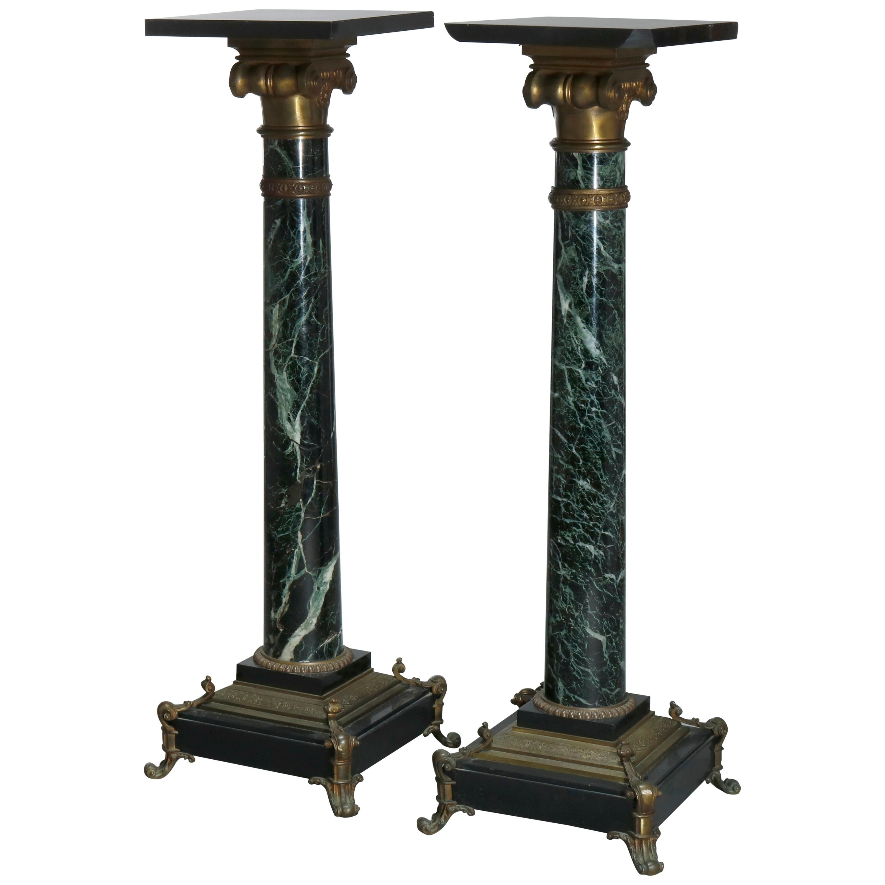 Antique Pair of Neoclassical Bronze & Marble Sculpture Pedestals, Circa 1880