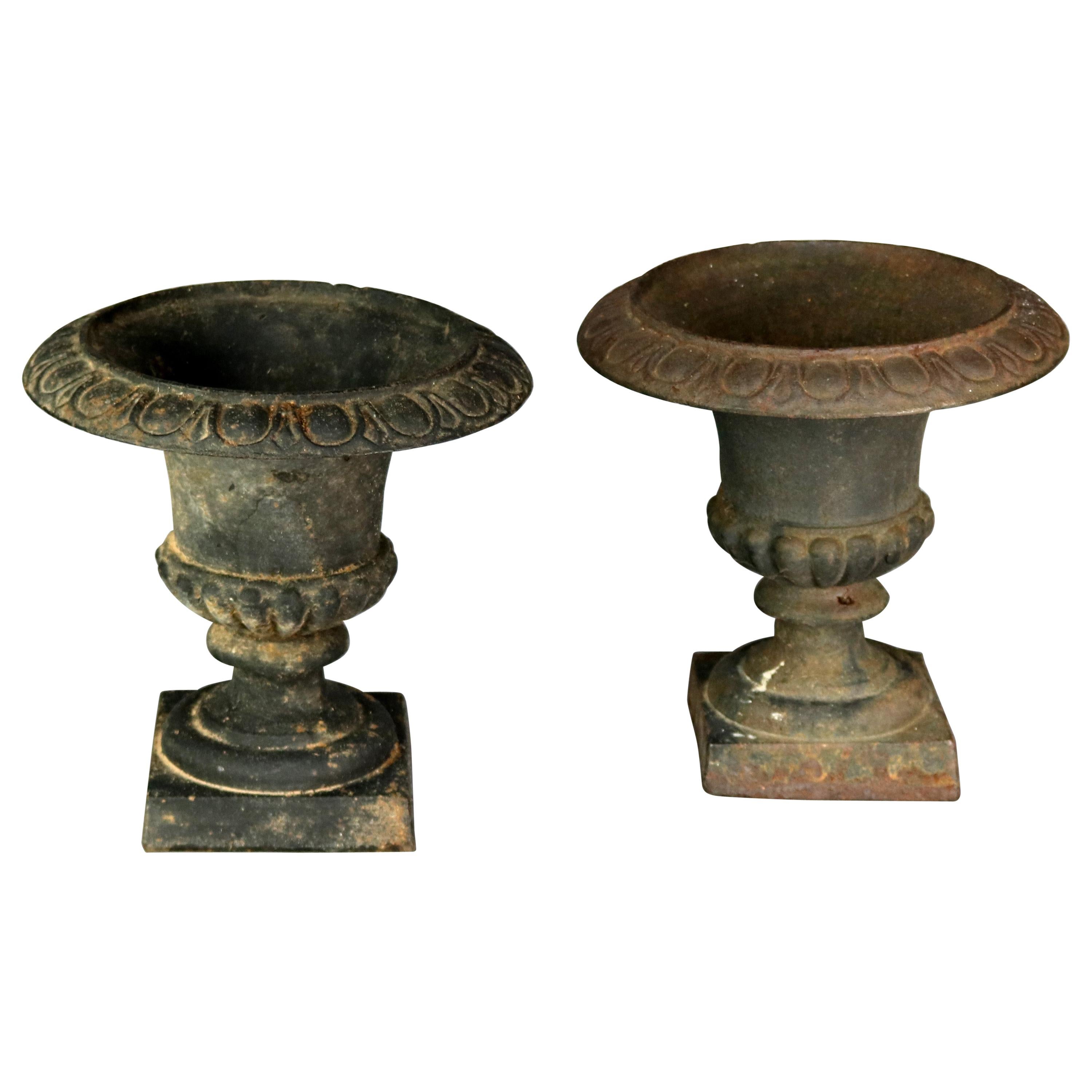Antique Pair of Neoclassical Cast Iron Garden Urns, 20th Century