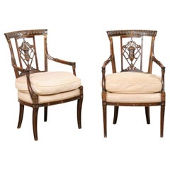 Antique Pair of Neoclassical-Style Fauteuils w/ Pierce Carved Urn Back-Splats