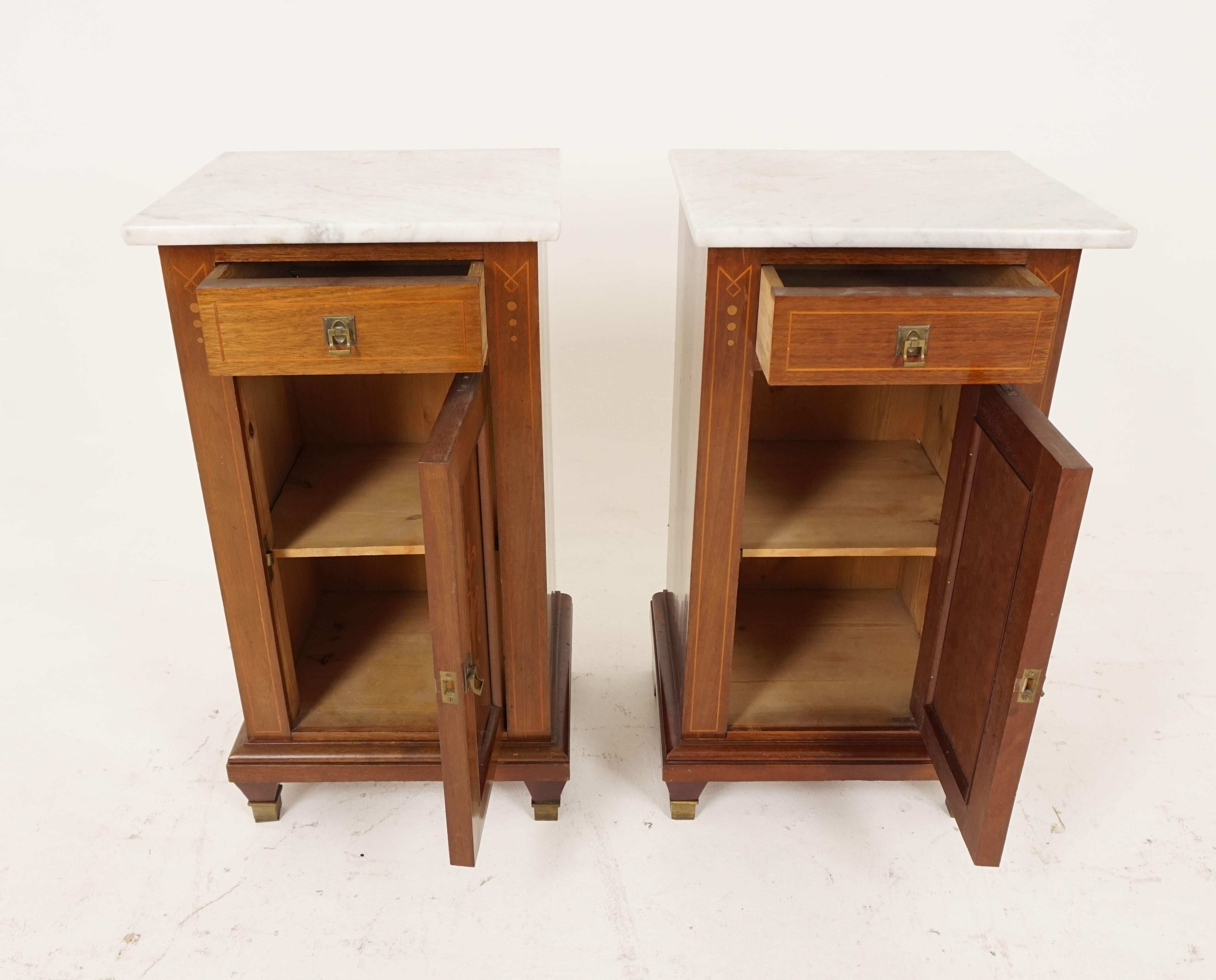 Antique Pair of Nightstands, Continental Inlaid Mahogany Bedside, Scotland 1900, B2088

Scotland 1900
Solid Mahogany + Veneer
Original Finish
Original Veined Marble Tops 
Inlaid Drawer Below With Original Brass Pull
Inlaid Paneled Door
Opens To