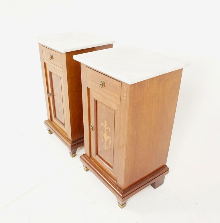 Antique Pair of Nightstands, Continental Inlaid Mahogany Bedside