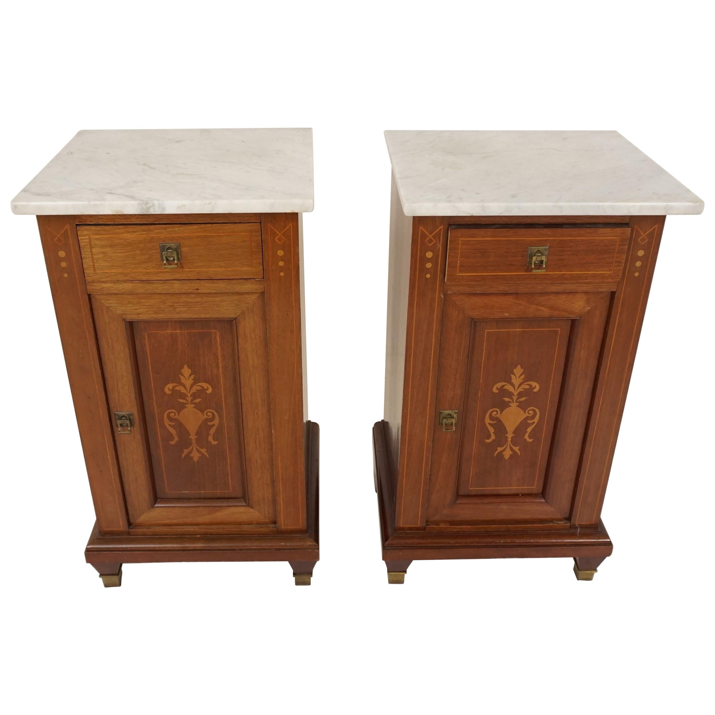 Antique Pair of Nightstands, Continental Inlaid Mahogany Bedside, Scotland 1900