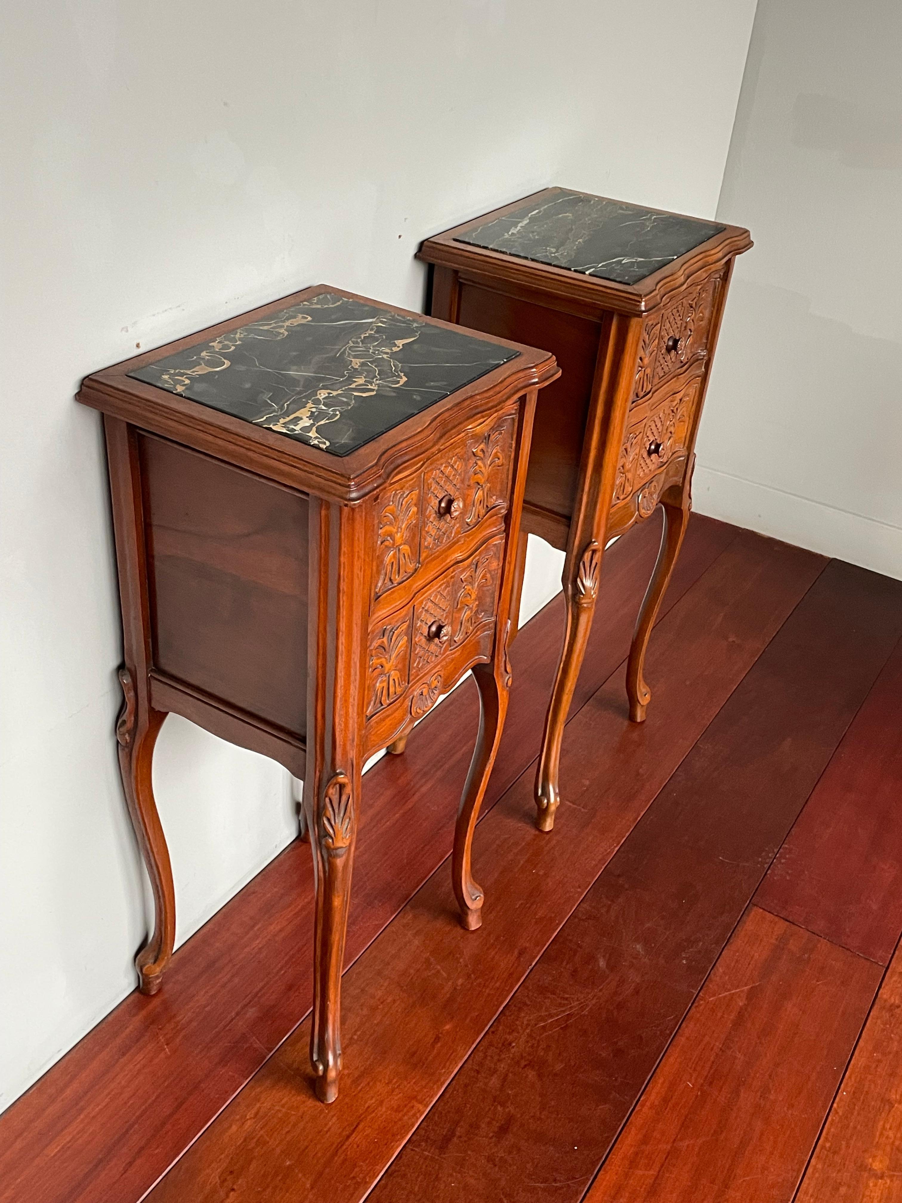 Art Nouveau Antique Pair of Nutwood Bedside Cabinets / Nightstands with Stunning Marble Tops For Sale