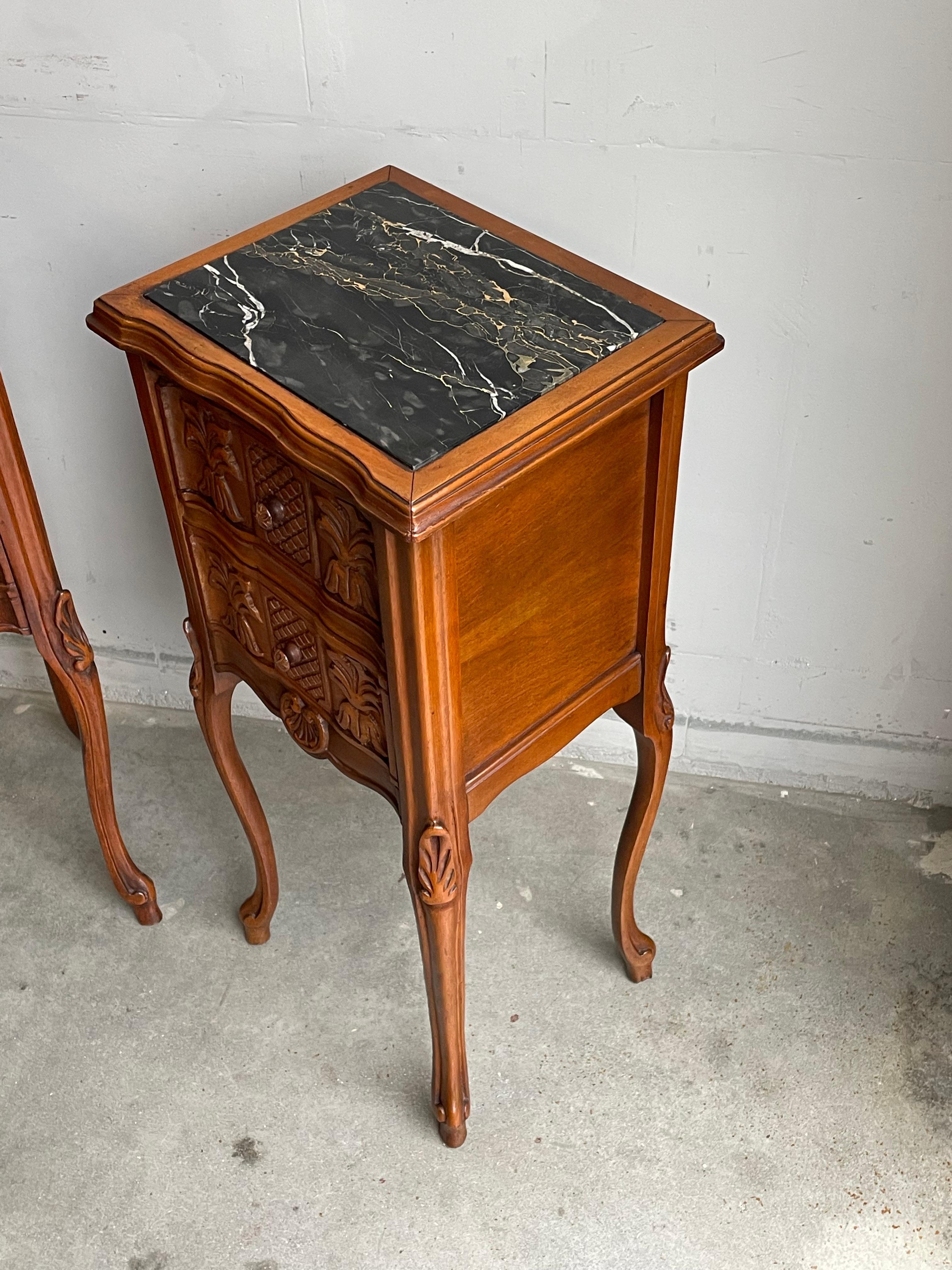 20th Century Antique Pair of Nutwood Bedside Cabinets / Nightstands with Stunning Marble Tops For Sale