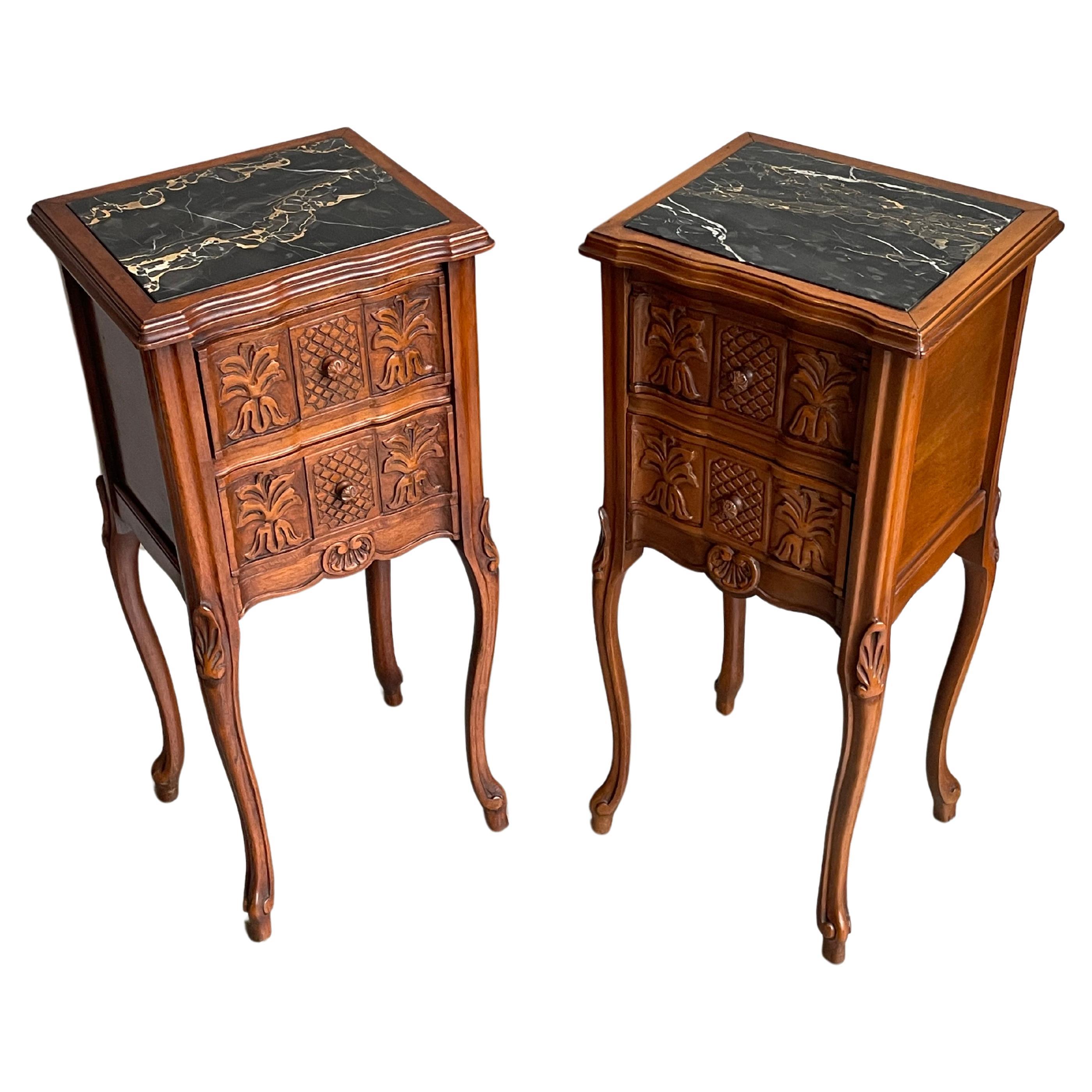Antique Pair of Nutwood Bedside Cabinets / Nightstands with Stunning Marble Tops