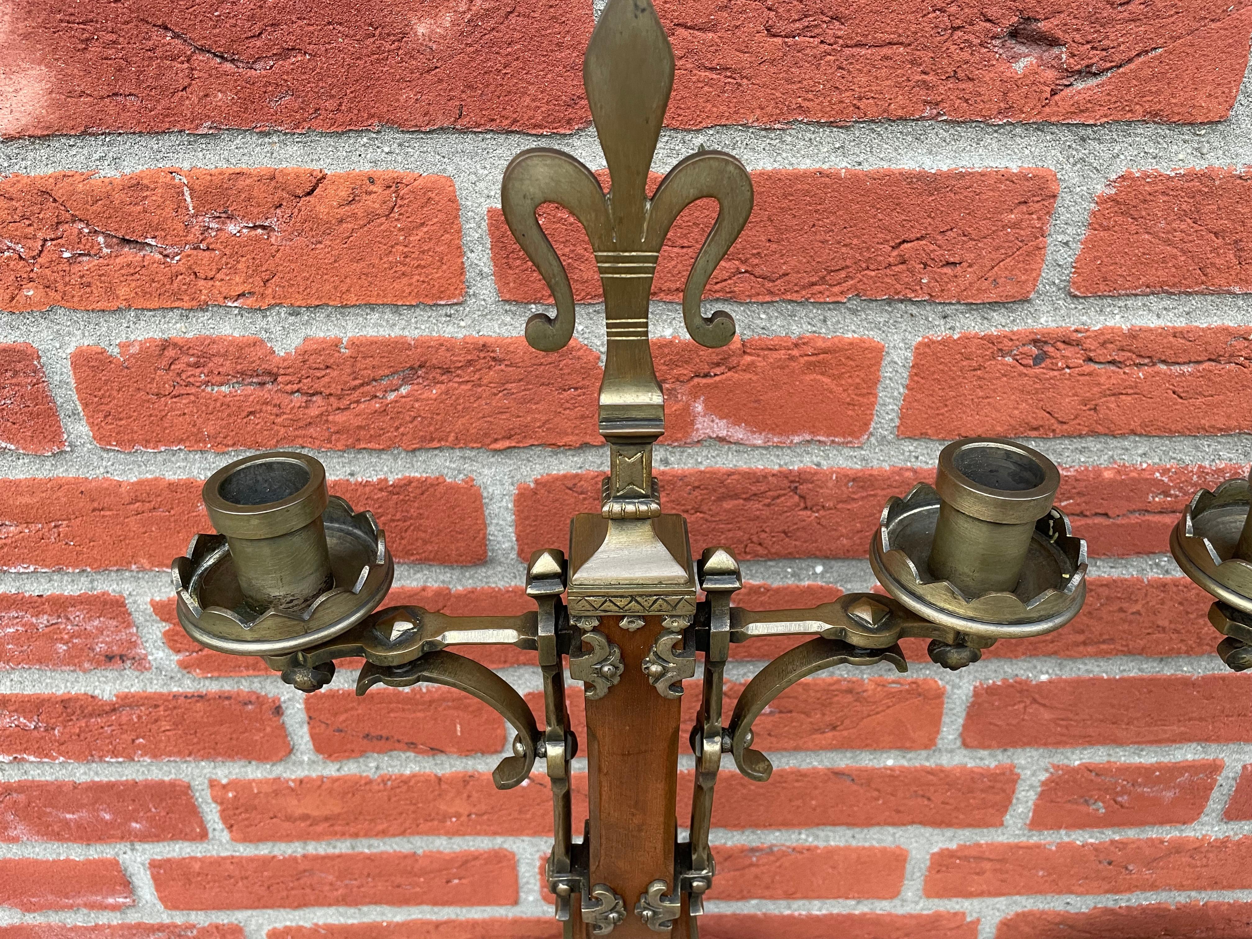 Antique Pair of Nutwood & Bronze Gothic Revival Candlesticks / Table Candelabras 7