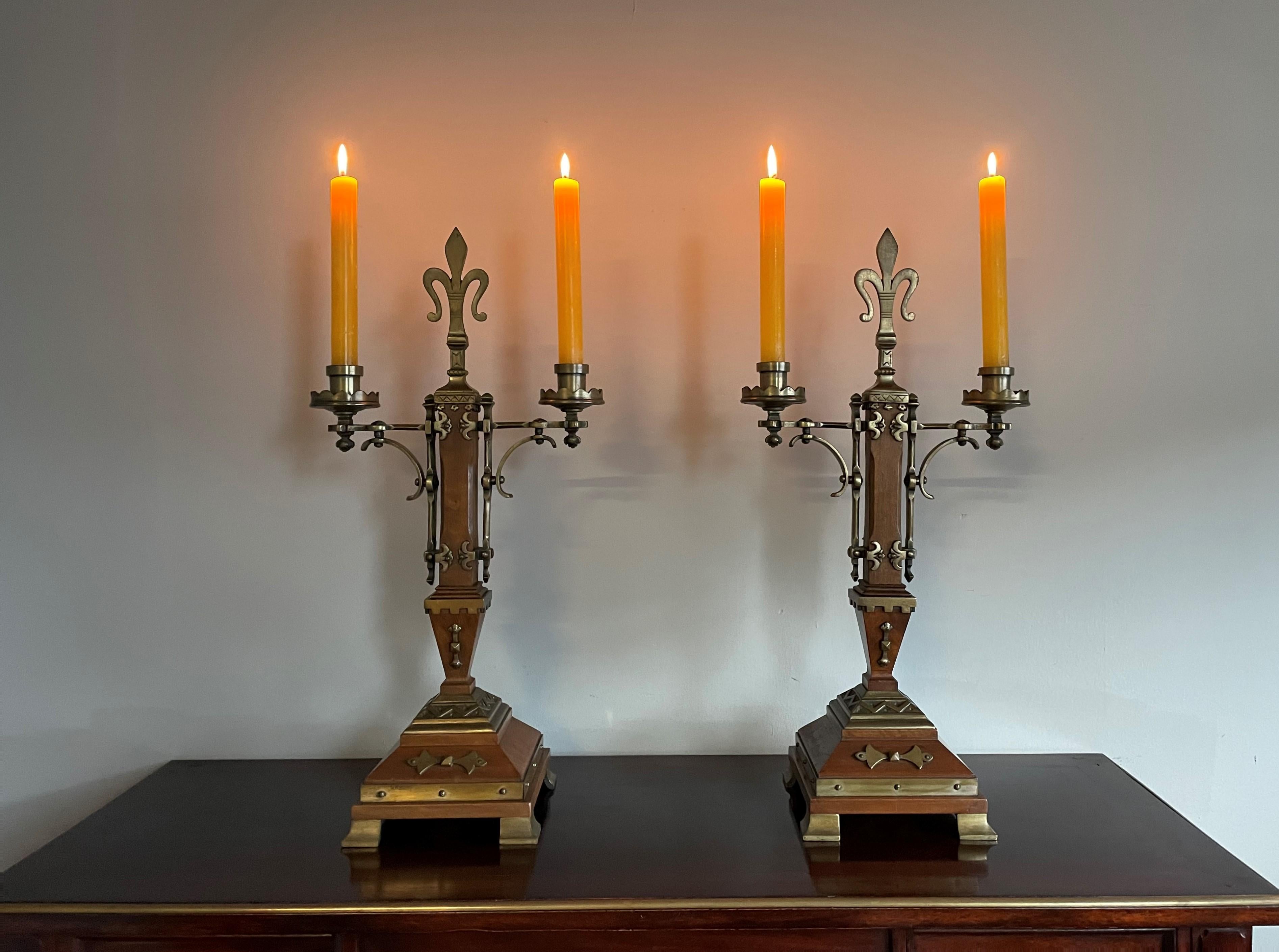 Antique Pair of Nutwood & Bronze Gothic Revival Candlesticks / Table Candelabras 8