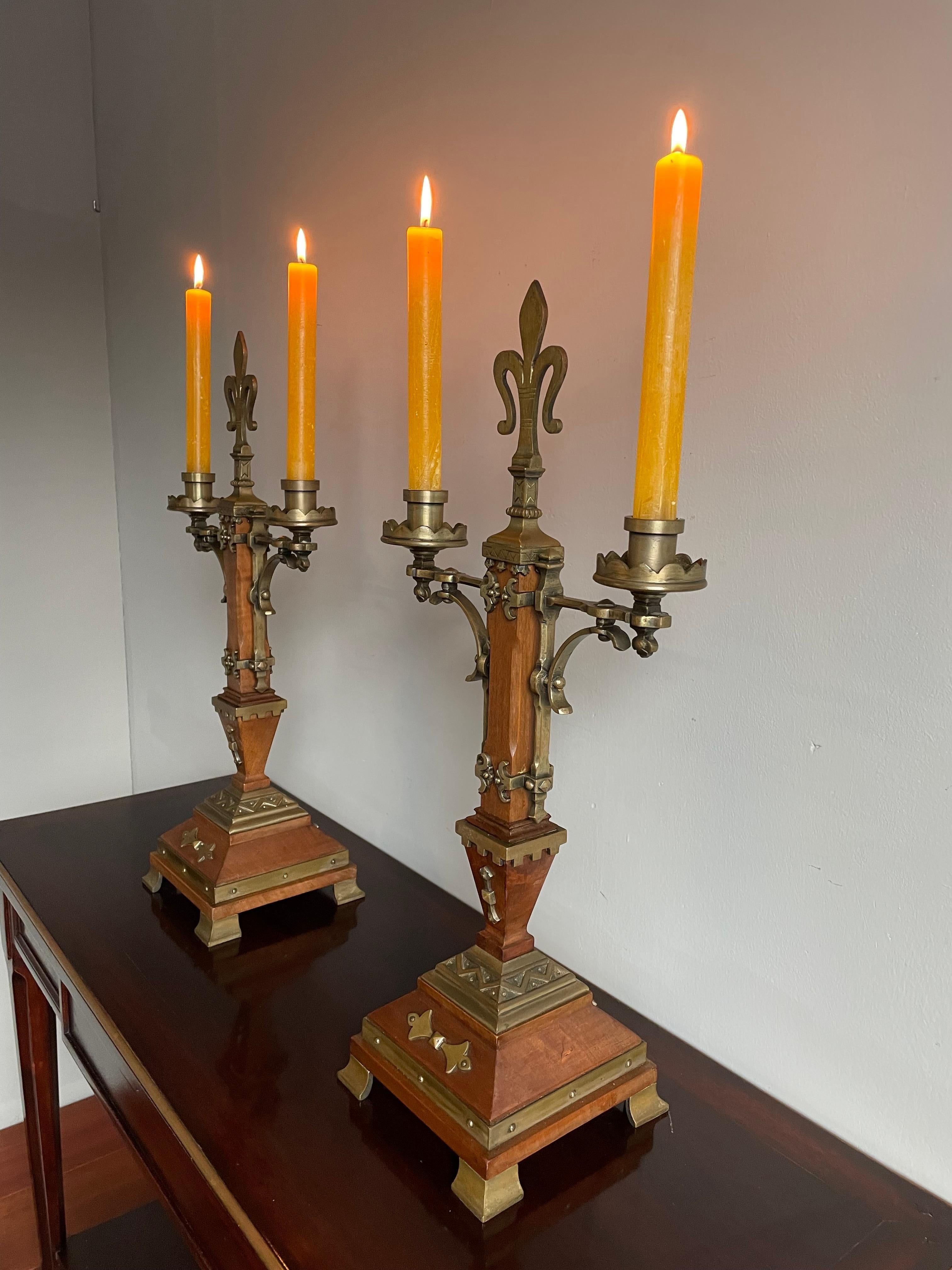 Antique Pair of Nutwood & Bronze Gothic Revival Candlesticks / Table Candelabras 14