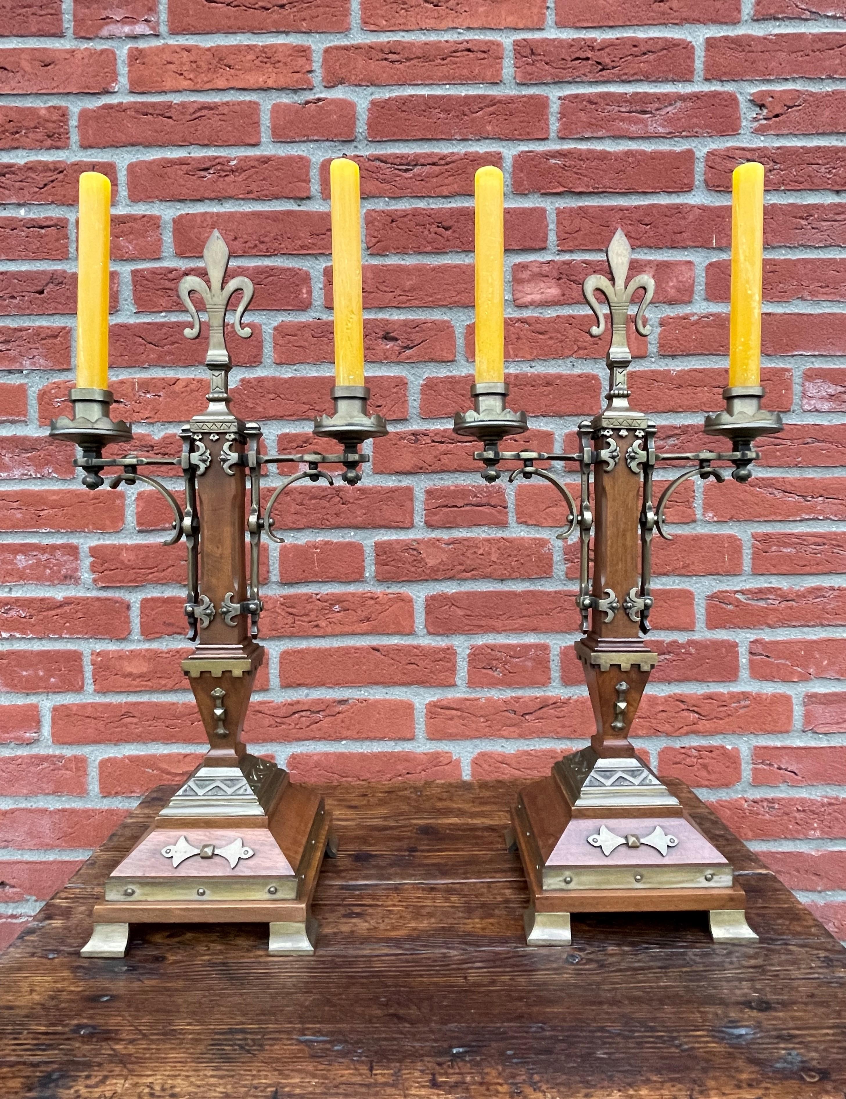 French Antique Pair of Nutwood & Bronze Gothic Revival Candlesticks / Table Candelabras