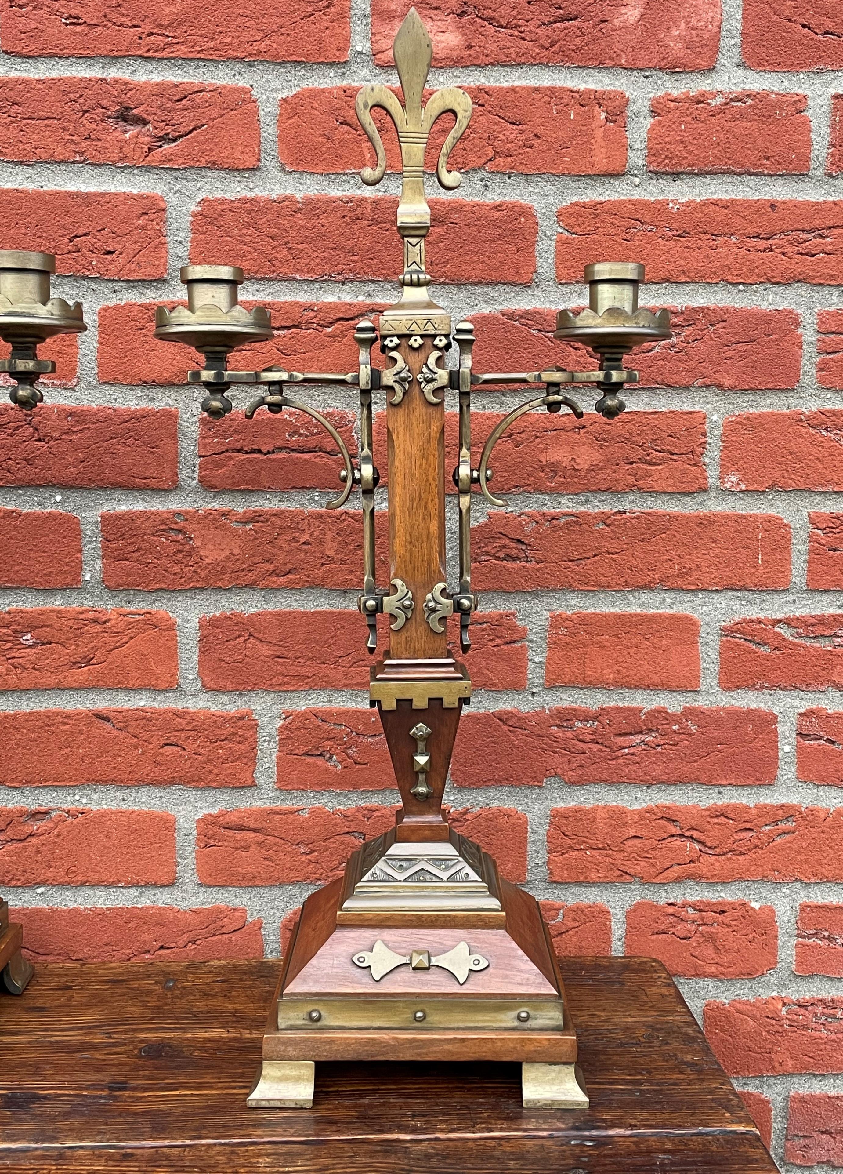 Cast Antique Pair of Nutwood & Bronze Gothic Revival Candlesticks / Table Candelabras