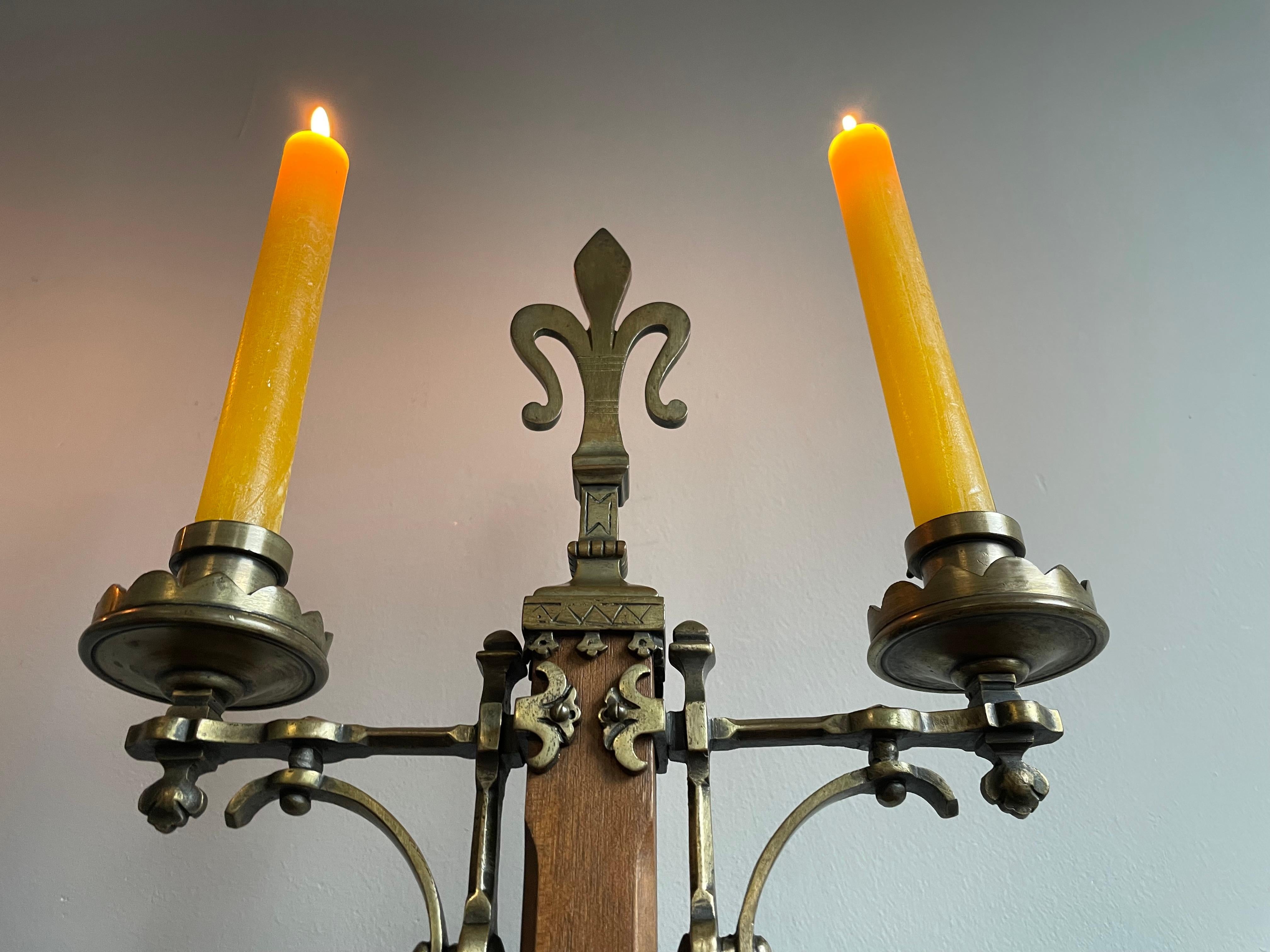 Antique Pair of Nutwood & Bronze Gothic Revival Candlesticks / Table Candelabras In Excellent Condition In Lisse, NL