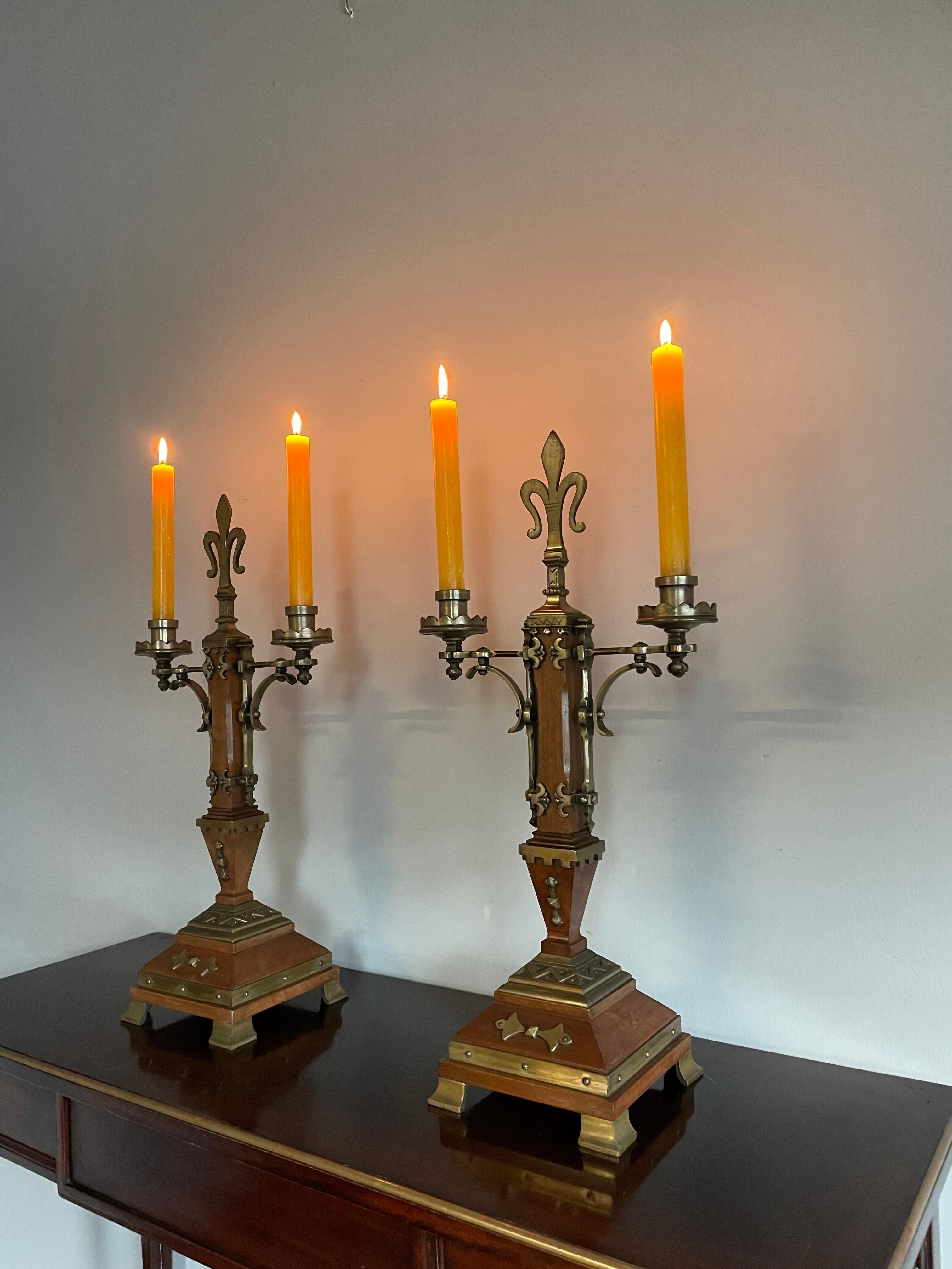 20th Century Antique Pair of Nutwood & Bronze Gothic Revival Candlesticks / Table Candelabras