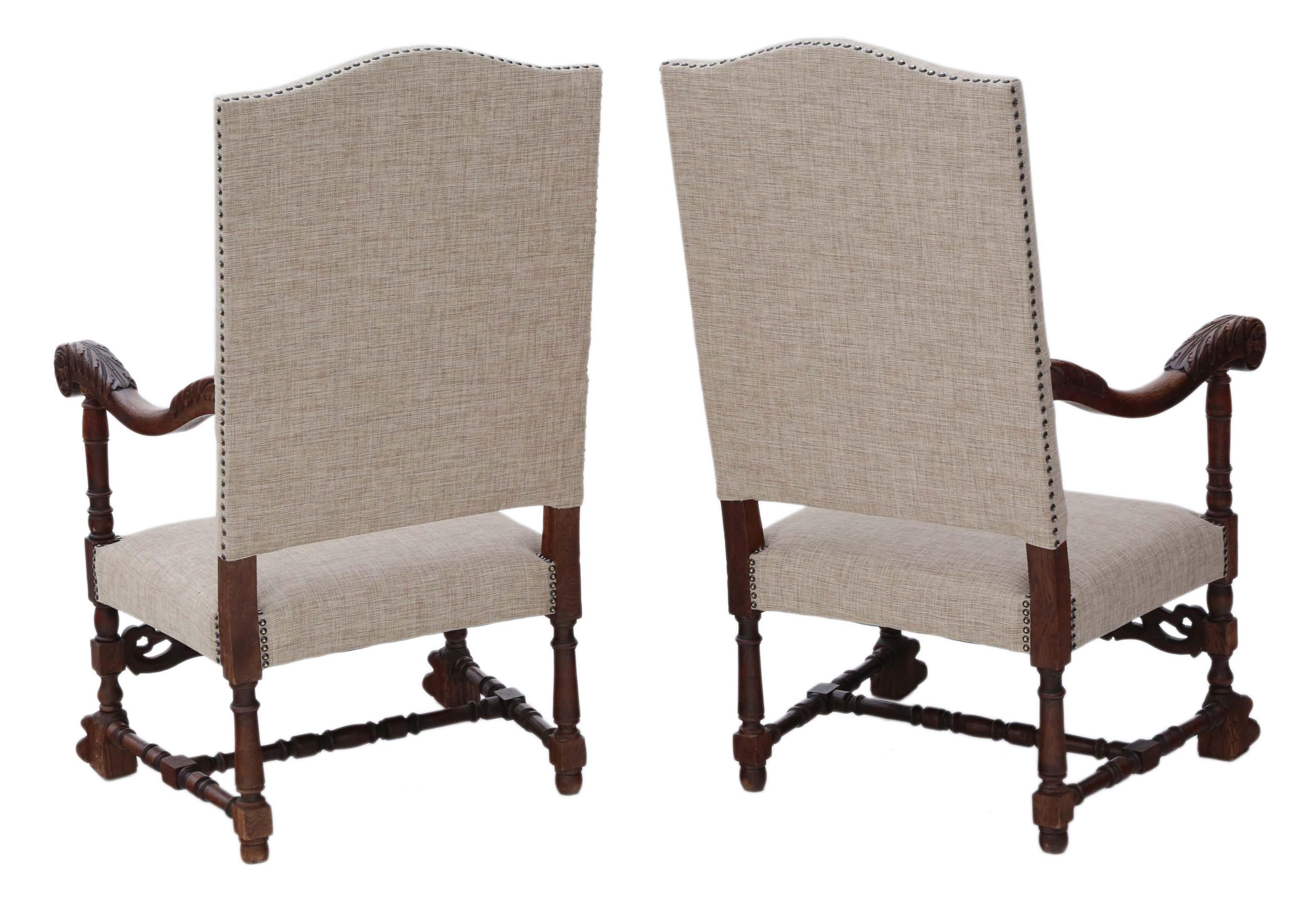 Pair of Charles II revival oak armchairs, circa 1900.
Solid, no loose joints and no woodworm. Full of age, character and charm. Very decorative chairs. New upholstery in a heavy weight fabric.
Would look great in the right location! Rare quality
