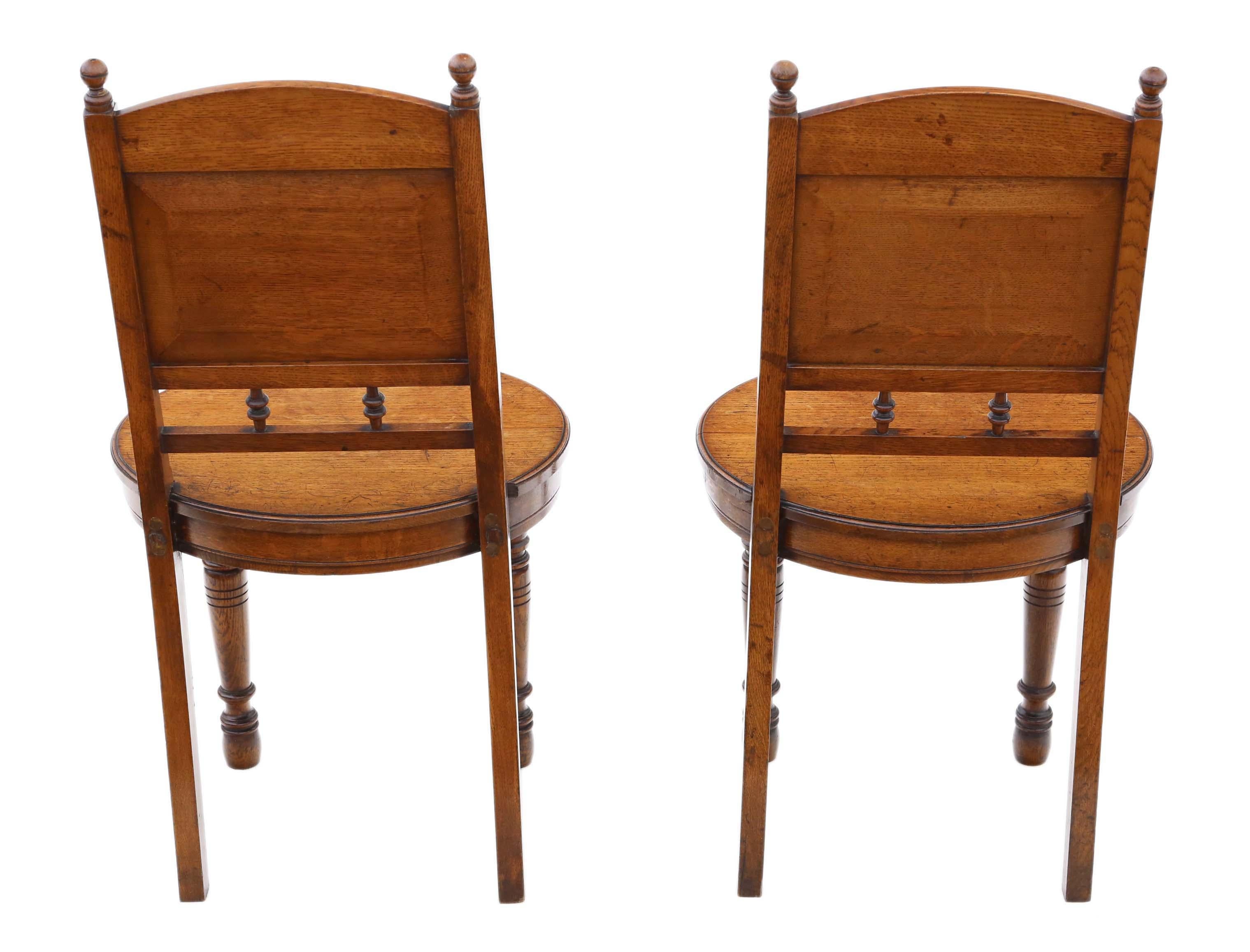 Antique quality pair of oak, hall, side or bedroom chairs C1880, 19th century. Simple rare design.

Solid and heavy with no loose joints and no woodworm. Full of age, character and charm.

Would look great in the right location!

Overall