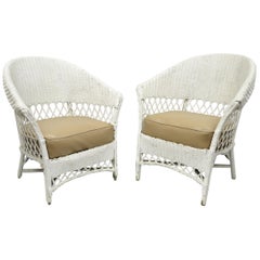 Antique Pair of White Wicker Rattan His and Hers Sunroom Victorian Armchairs