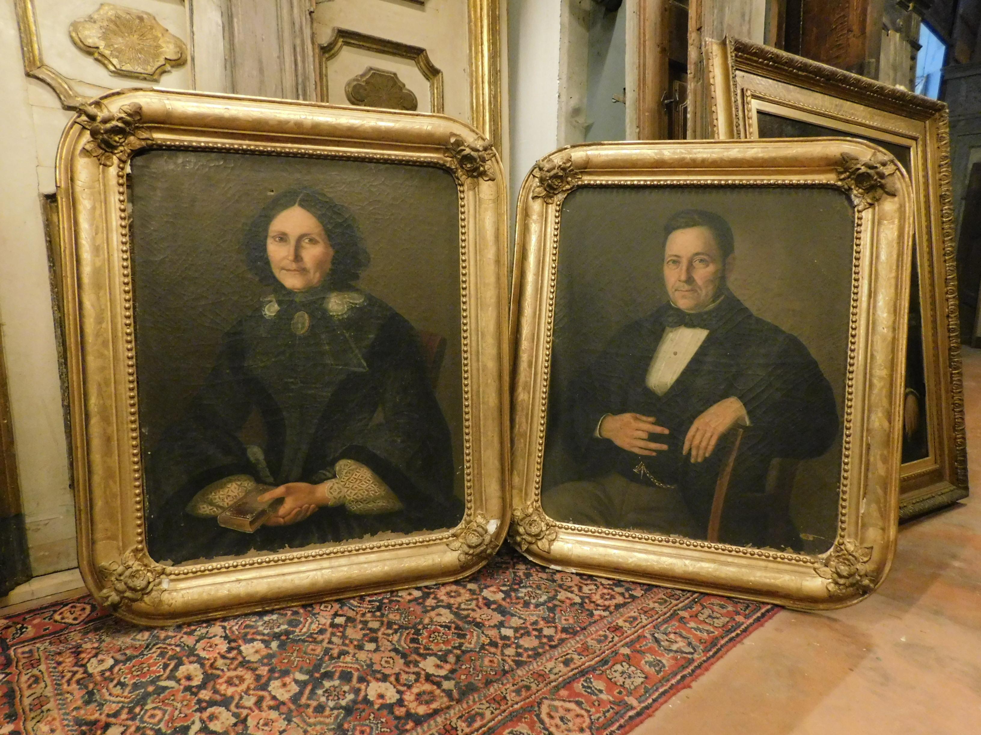 Italian Antique Pair of Oil Paintings on Canvas, Depicting Ancestors, 19th Century Italy