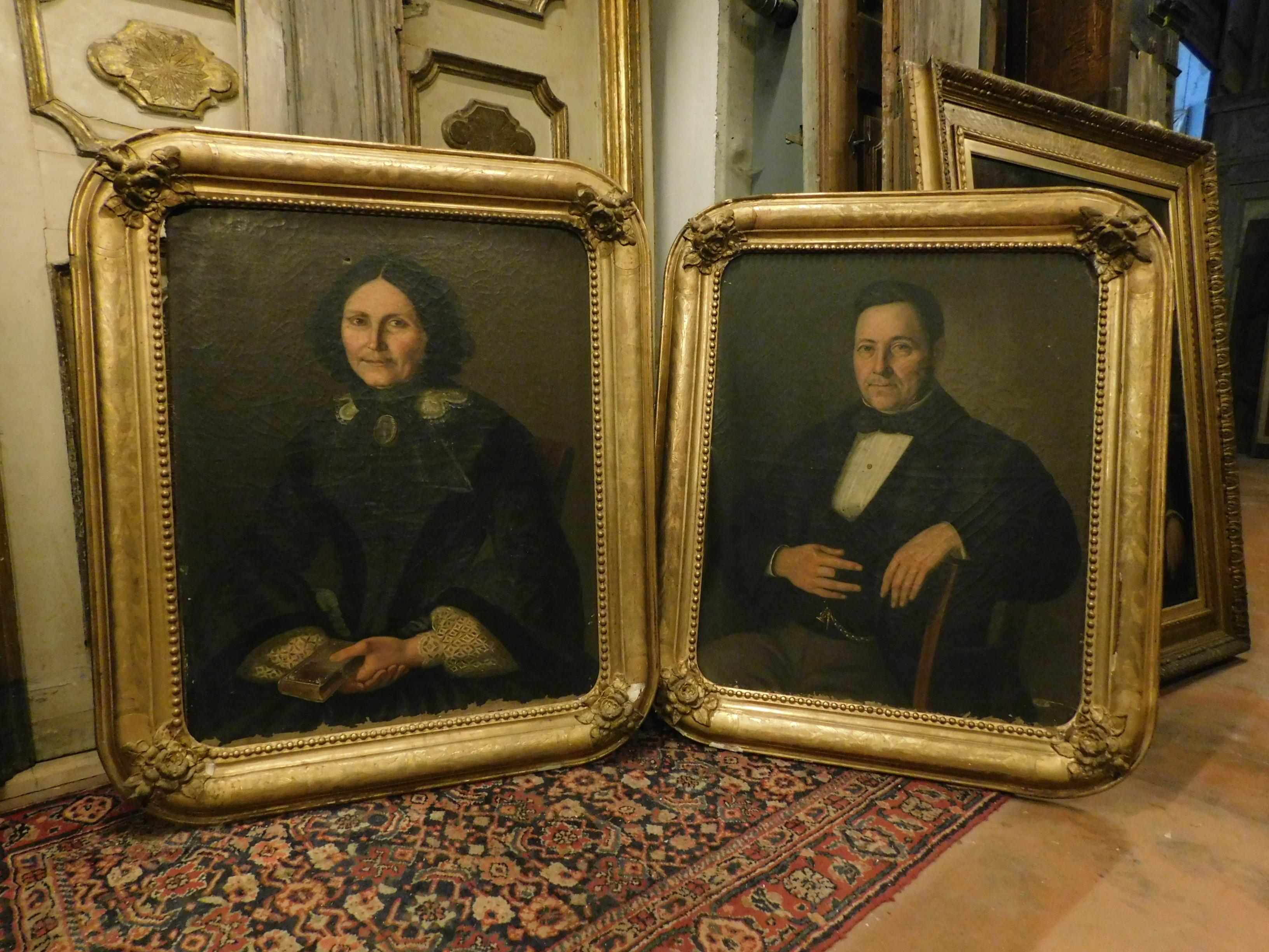 Hand-Carved Antique Pair of Oil Paintings on Canvas, Depicting Ancestors, 19th Century Italy
