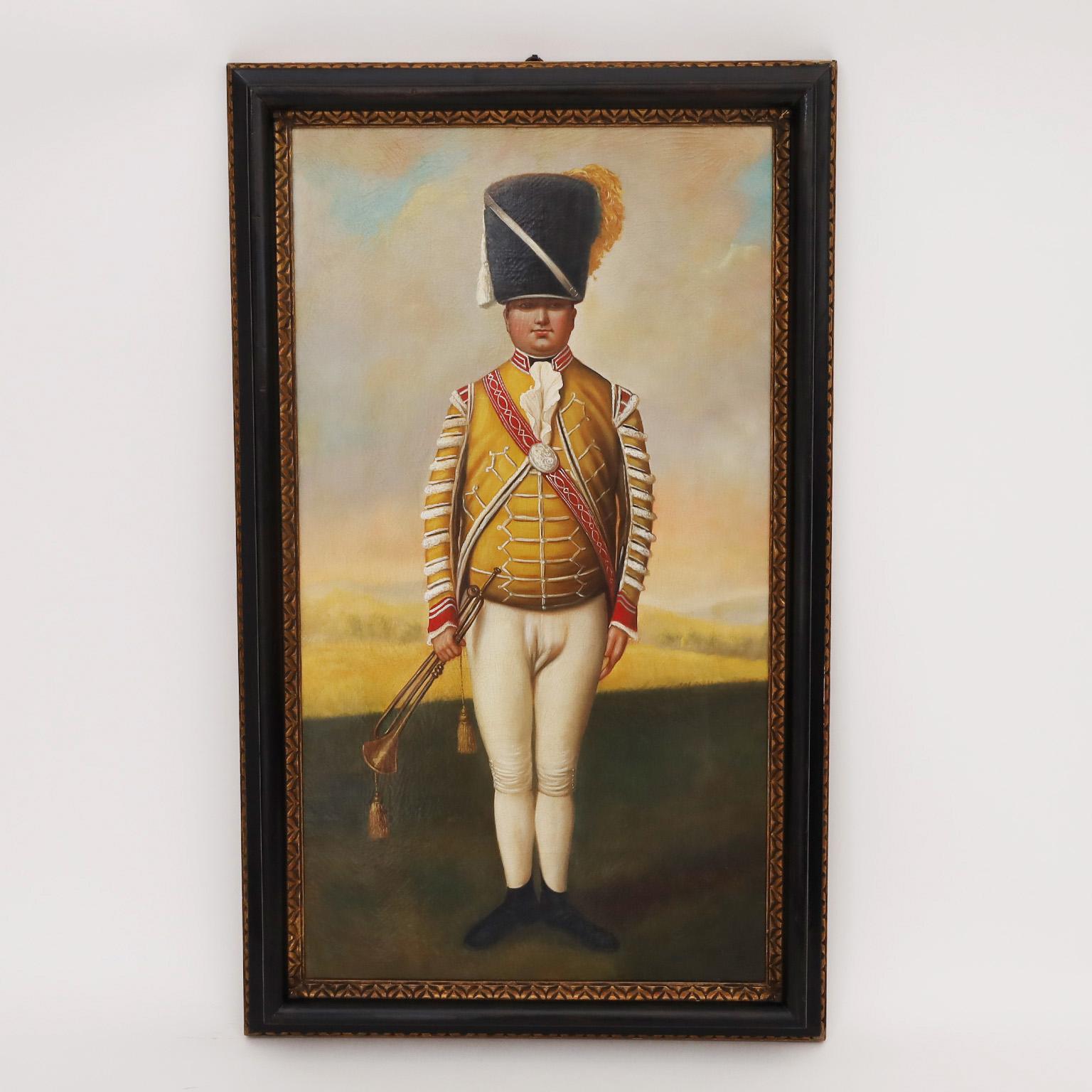 Transporting pair of 19th century oil paintings on canvas depicting two young 18th century soldiers or Grenediers modeling their colorful new uniforms in landscape settings. Presented in the original carved wood ebonized and gilt frames.