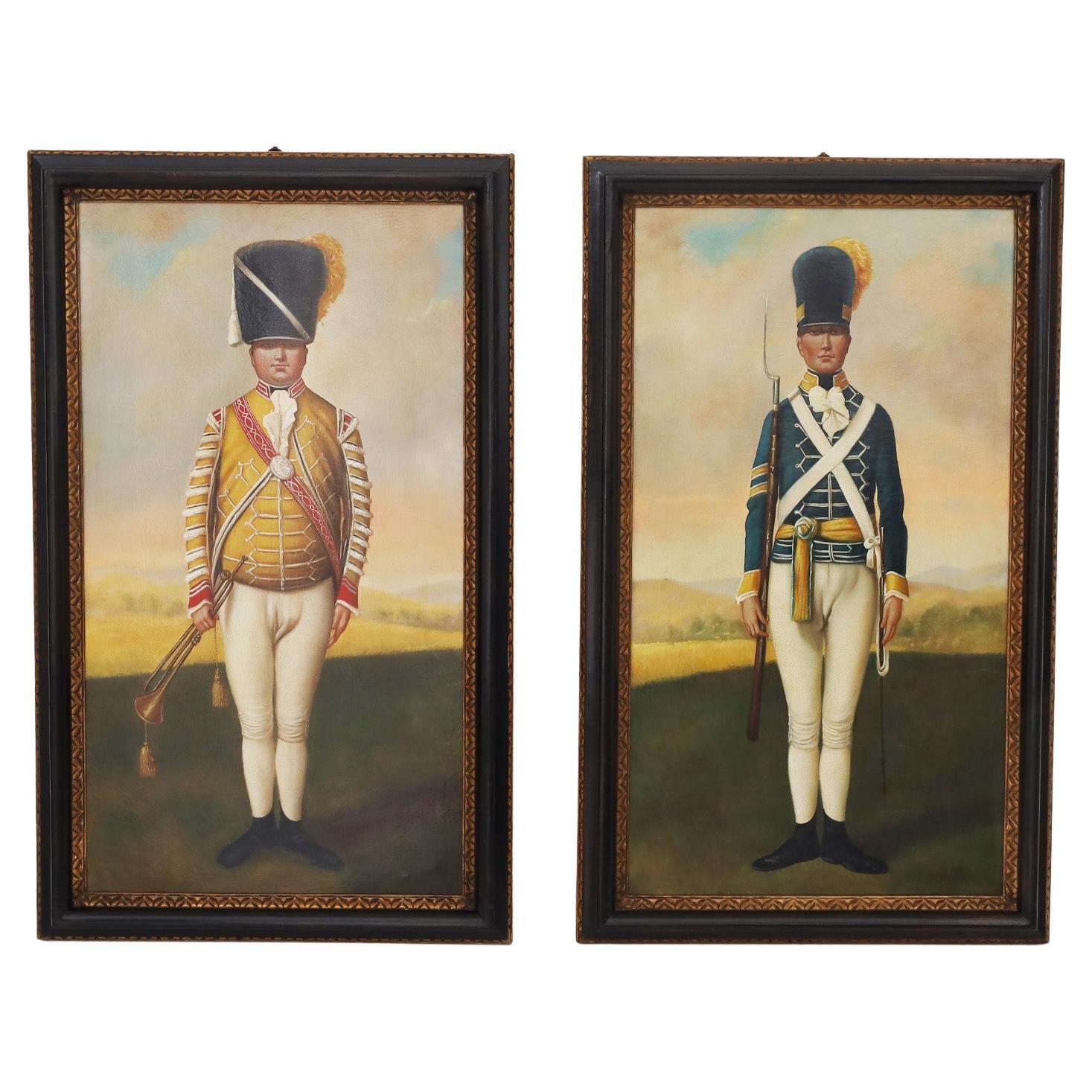 Antique Pair of Oil Paintings on Canvas of Soldiers in Uniform