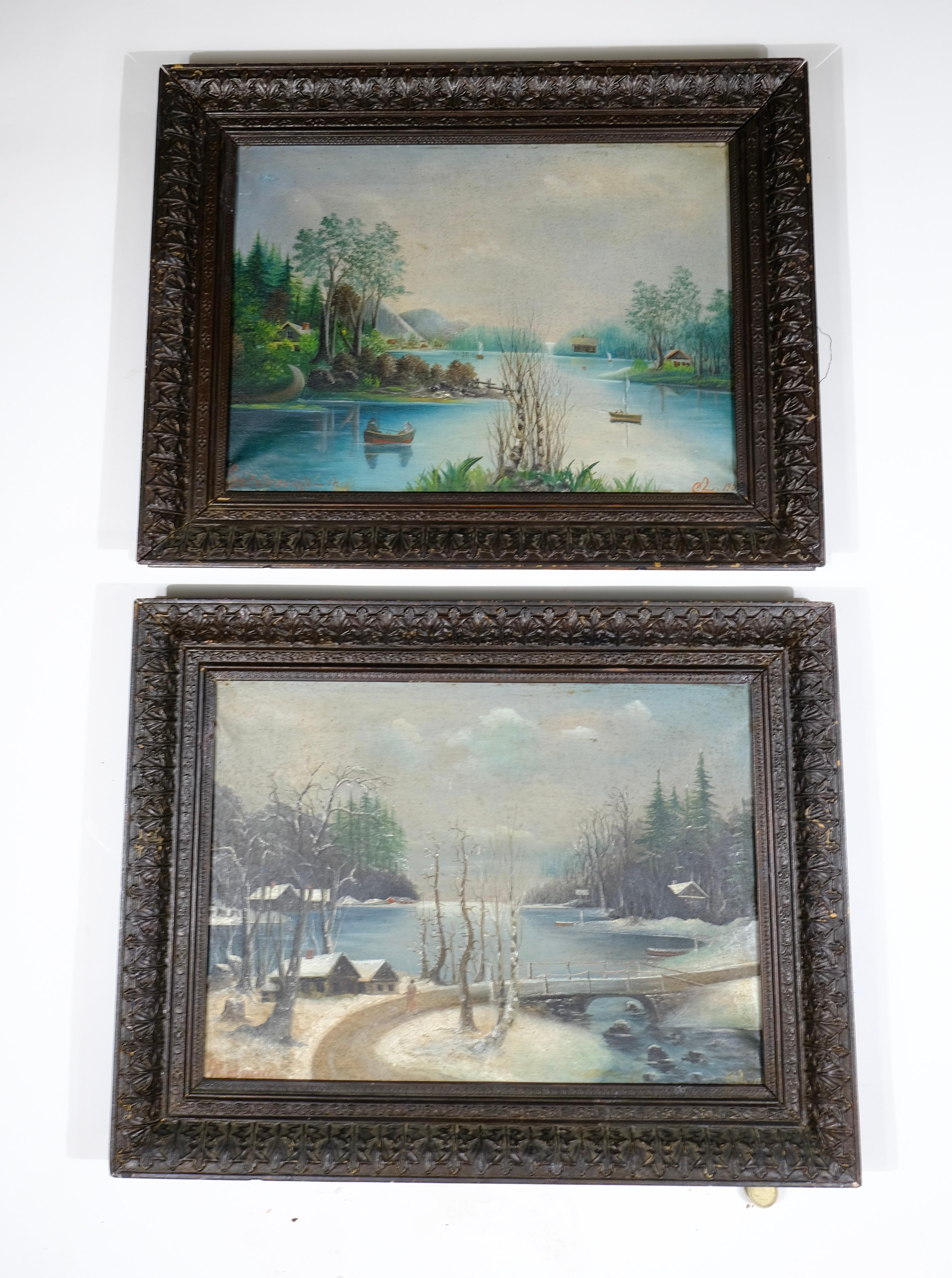 Une charmante paire de peintures à l'huile avec leurs cadres en bois d'origine. Elles sont toutes deux signées A.I.C. et datées de l'année 1900. Calle Ljungberg (1856-1937). C.I.C. était un peintre qui a surtout travaillé dans le sud de la Suède, en
