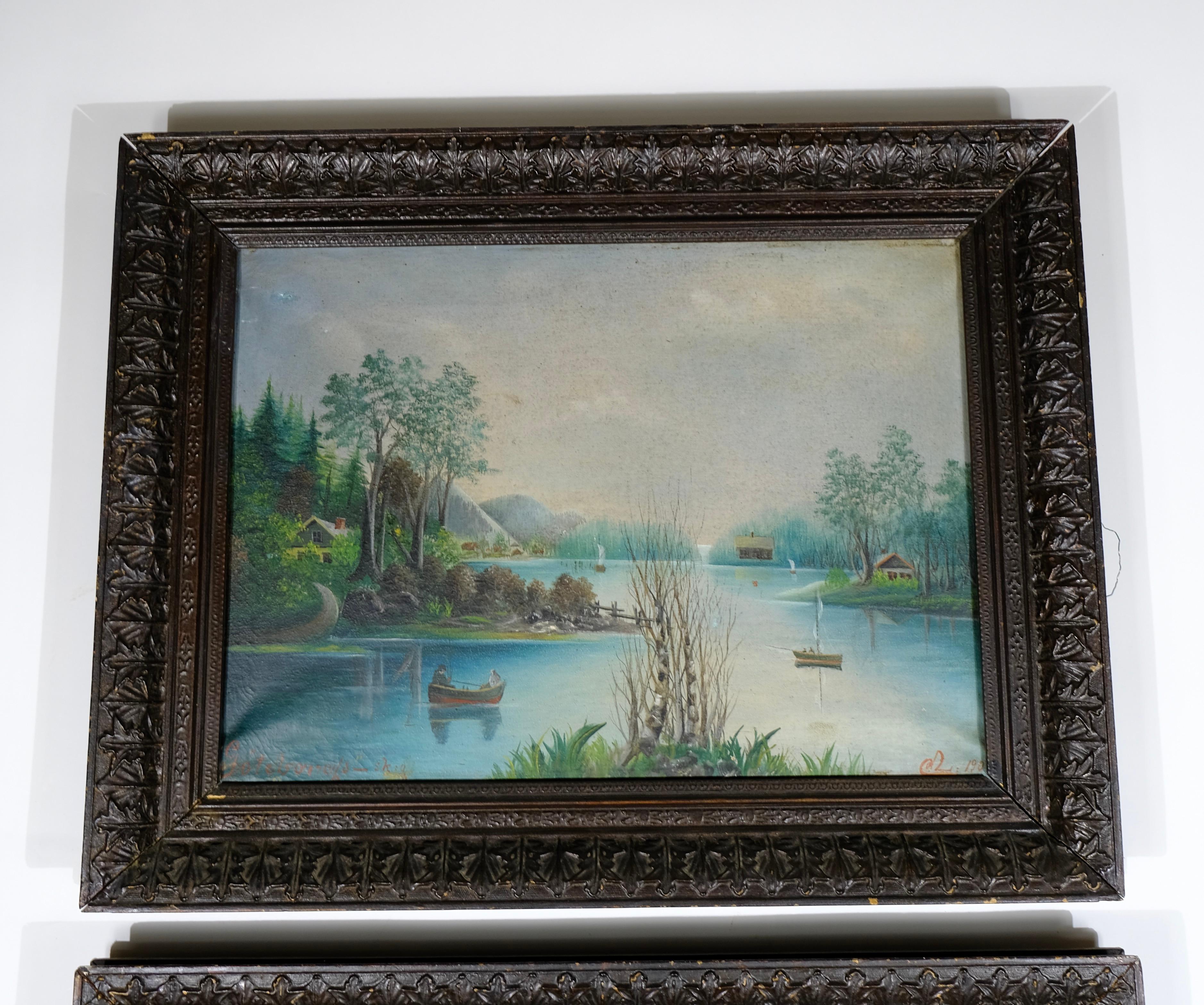 Canvas Antique pair of oilpaintings with original frames. For Sale