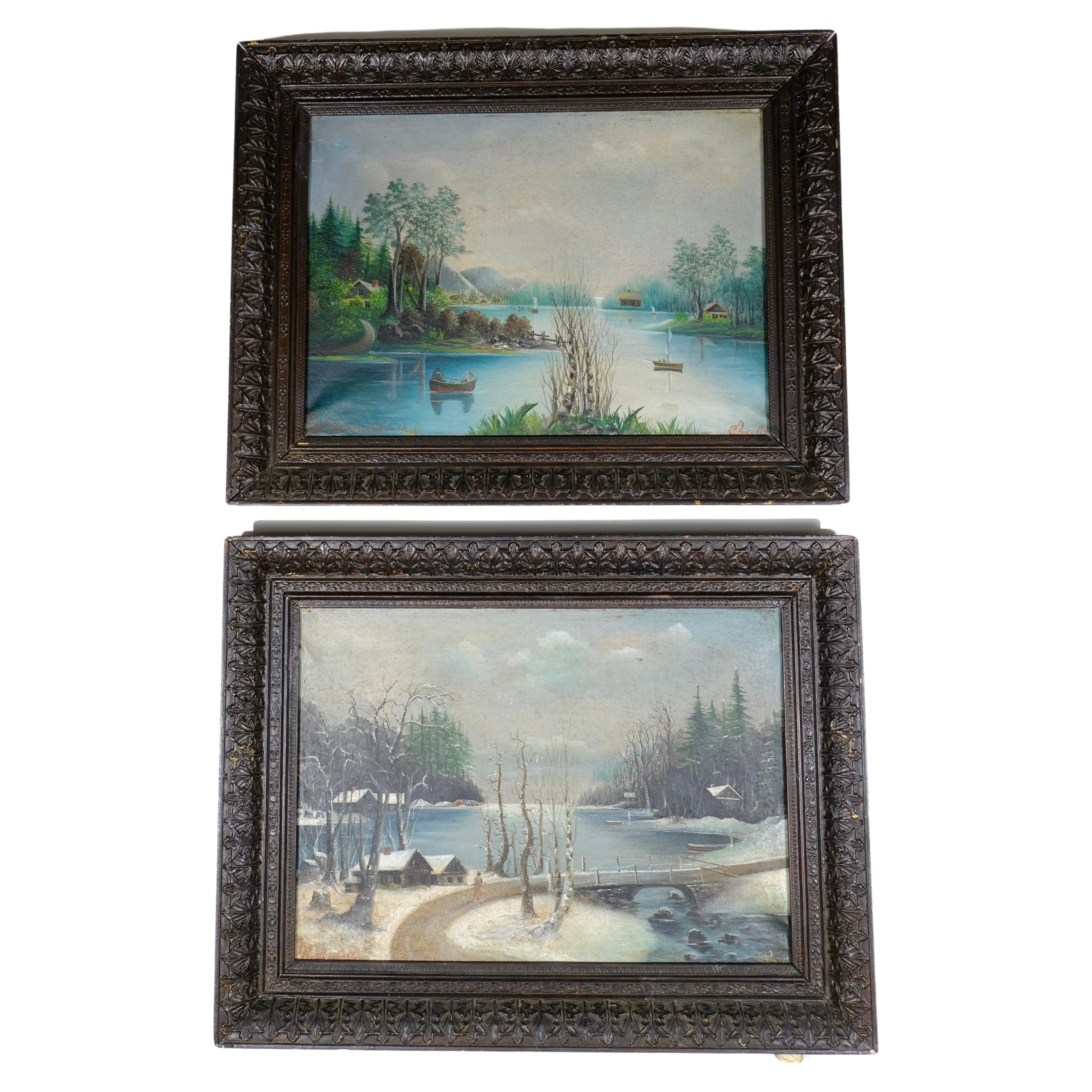 Antique pair of oilpaintings with original frames. For Sale