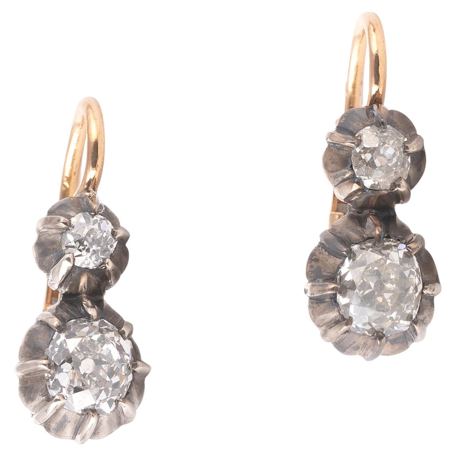 Old European Cut Antique Pair Of Old-Cut Diamond Earrings Circa 1890's