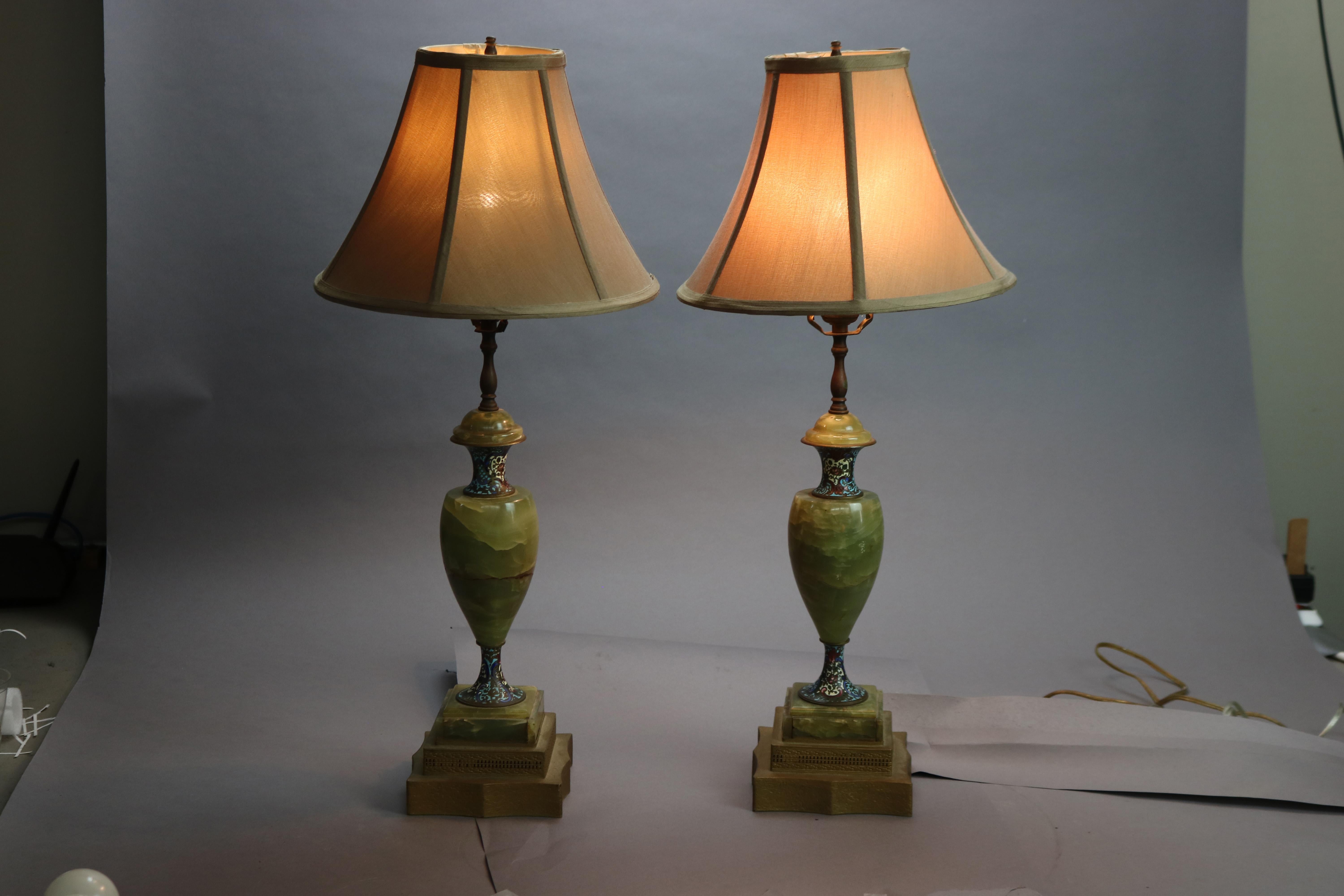 Antique Pair of Onyx & Champlevé Table Lamps, circa 1920 2