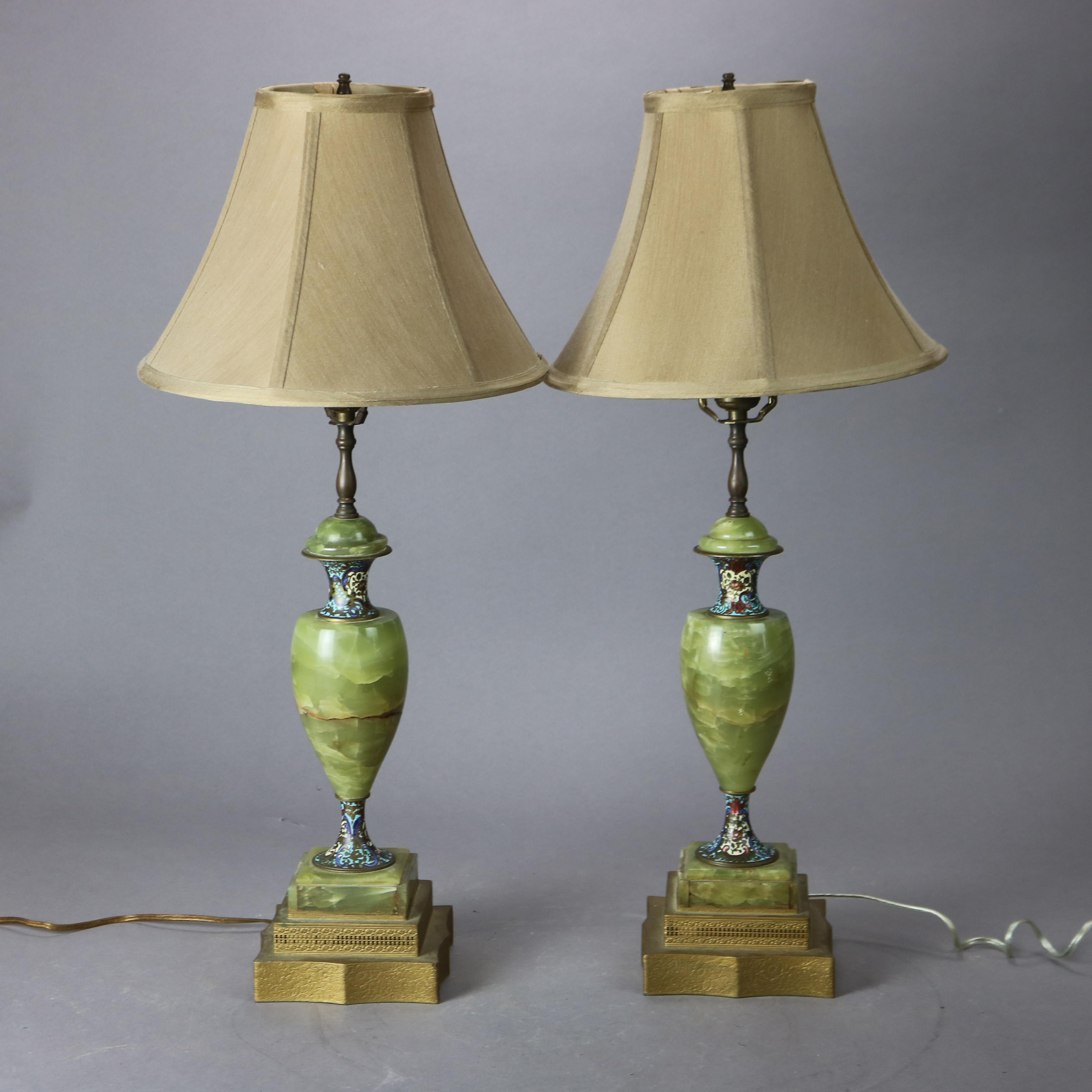 American Antique Pair of Onyx & Champlevé Table Lamps, circa 1920