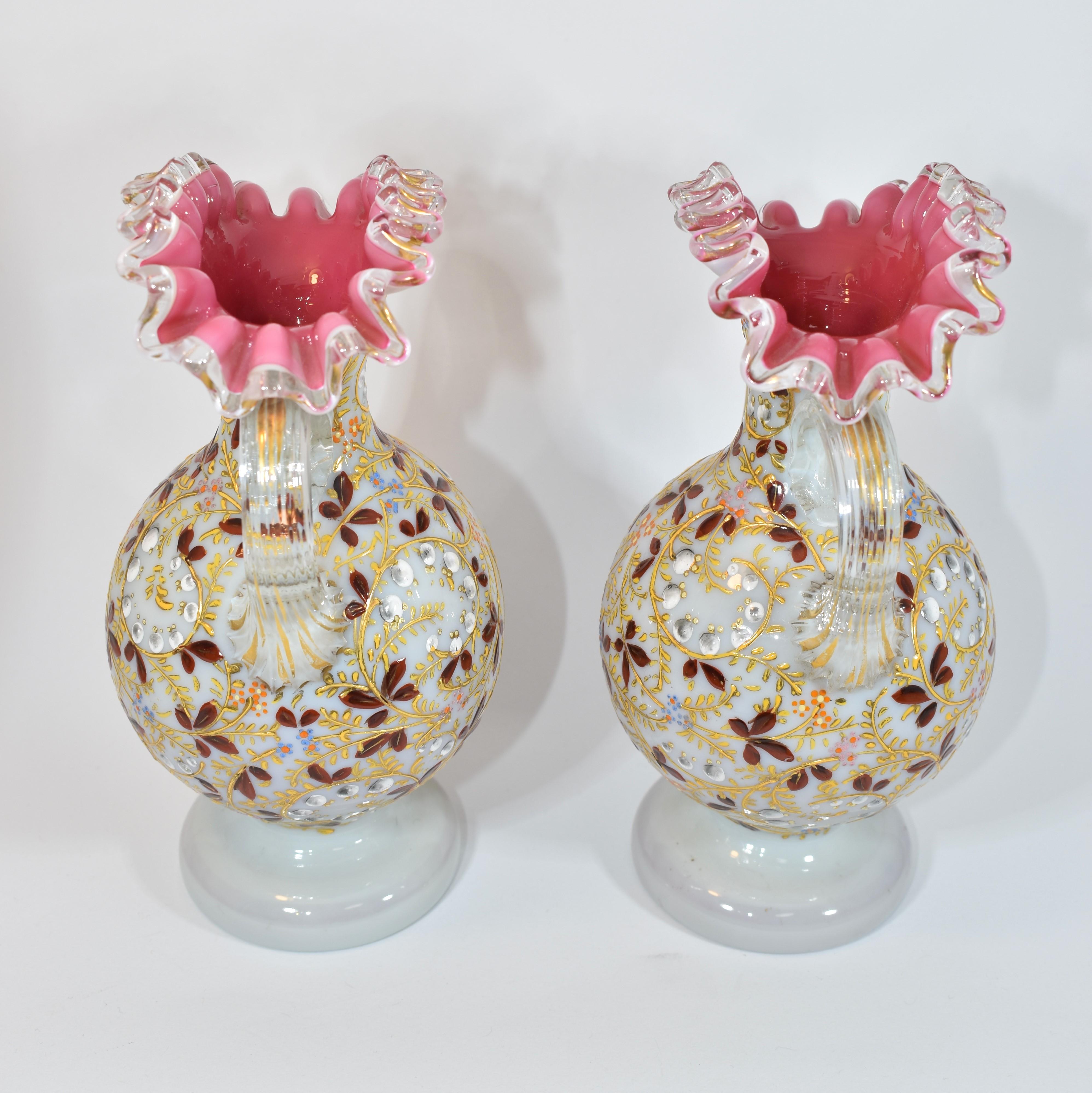 Enameled Antique Pair of Opaline Overlay Enamelled Glass Vases, Moser, 19th Century For Sale