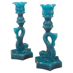 Antique Pair of Opaque Blue Glass Dolphin Candlesticks by Reich & Co.