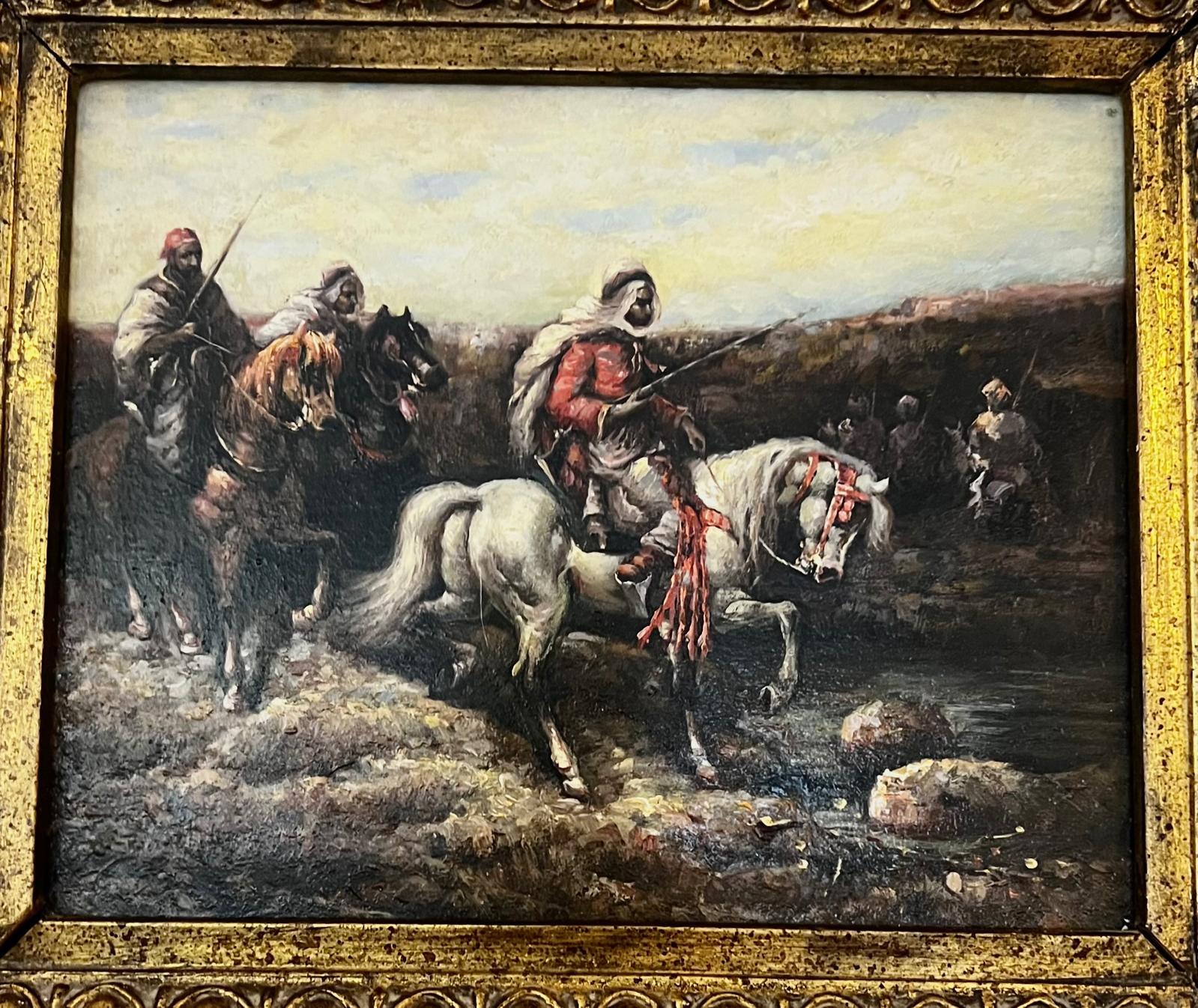 Antiguo par de pinturas orientales sobre madera Adolf Schreyer 1828-1899 Círculo Pintado a mano en venta