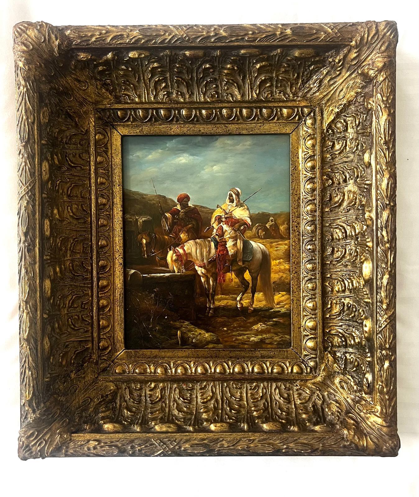 Antiguo par de pinturas orientales sobre madera Adolf Schreyer 1828-1899 Círculo Madera en venta