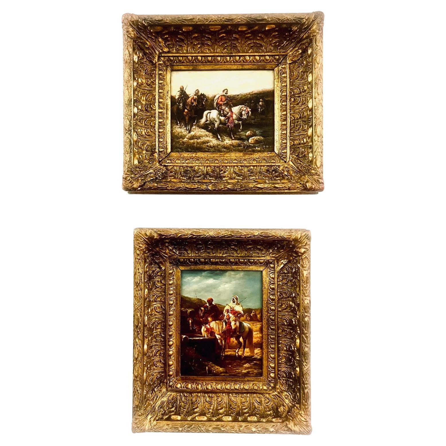 Antiguo par de pinturas orientales sobre madera Adolf Schreyer 1828-1899 Círculo en venta
