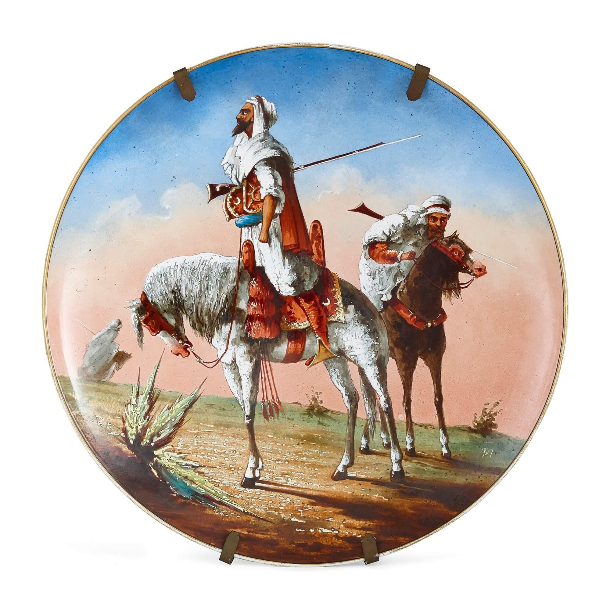 French Antique pair of Orientalist painted porcelain plates For Sale