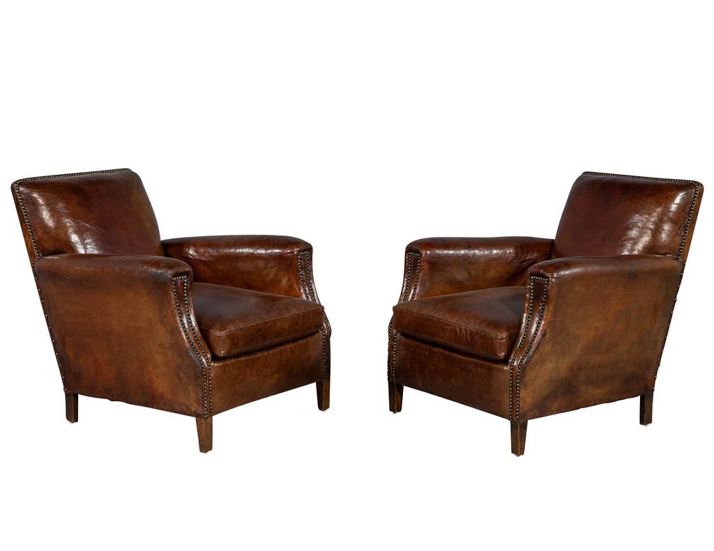 Art Deco Antique Pair of Original French Leather Club Chairs