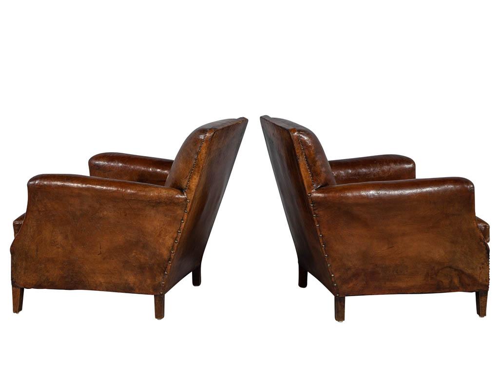 Antique Pair of Original French Leather Club Chairs In Good Condition In North York, ON