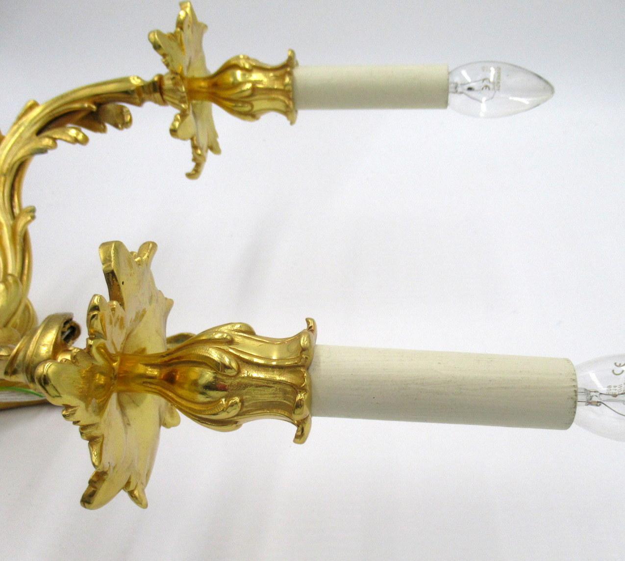 19th Century Antique Pair of Ormolu Gilt Bronze Twin Light Wall Candle Sconces Appliques 19Ct