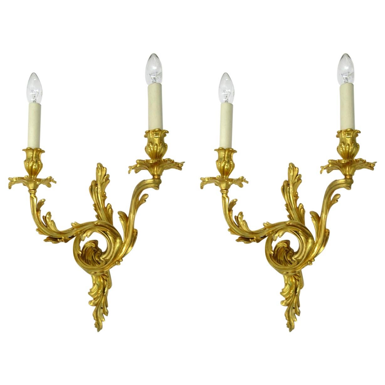 Antique Pair of Ormolu Gilt Bronze Twin Light Wall Candle Sconces Appliques 19Ct