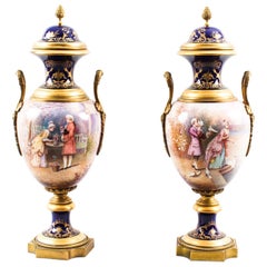 Antique Pair of Ormolu Mounted Sèvres Lidded Urns Vases, 19th Century