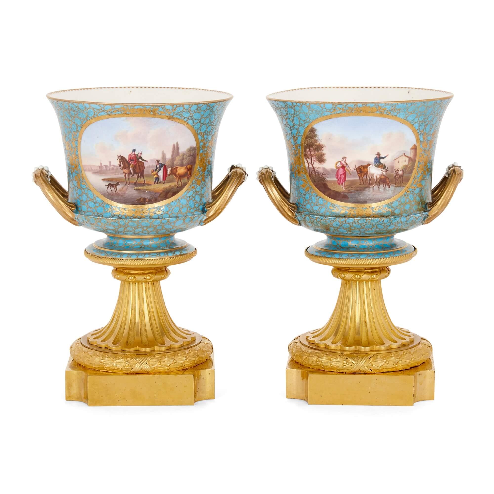 Rococo Antique pair of gilt bronze and Sèvres style porcelain cachepot vases For Sale