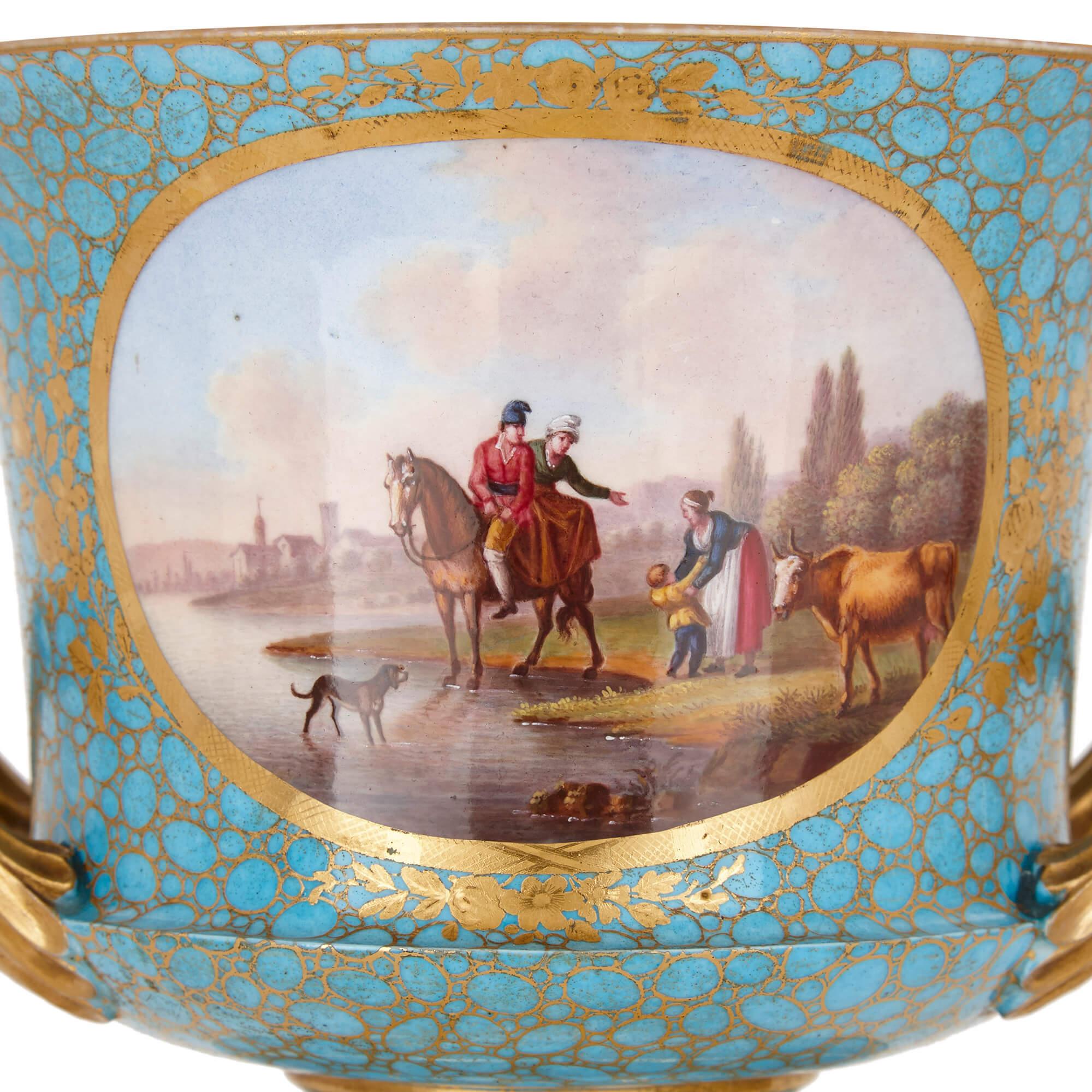 19th Century Antique pair of gilt bronze and Sèvres style porcelain cachepot vases For Sale